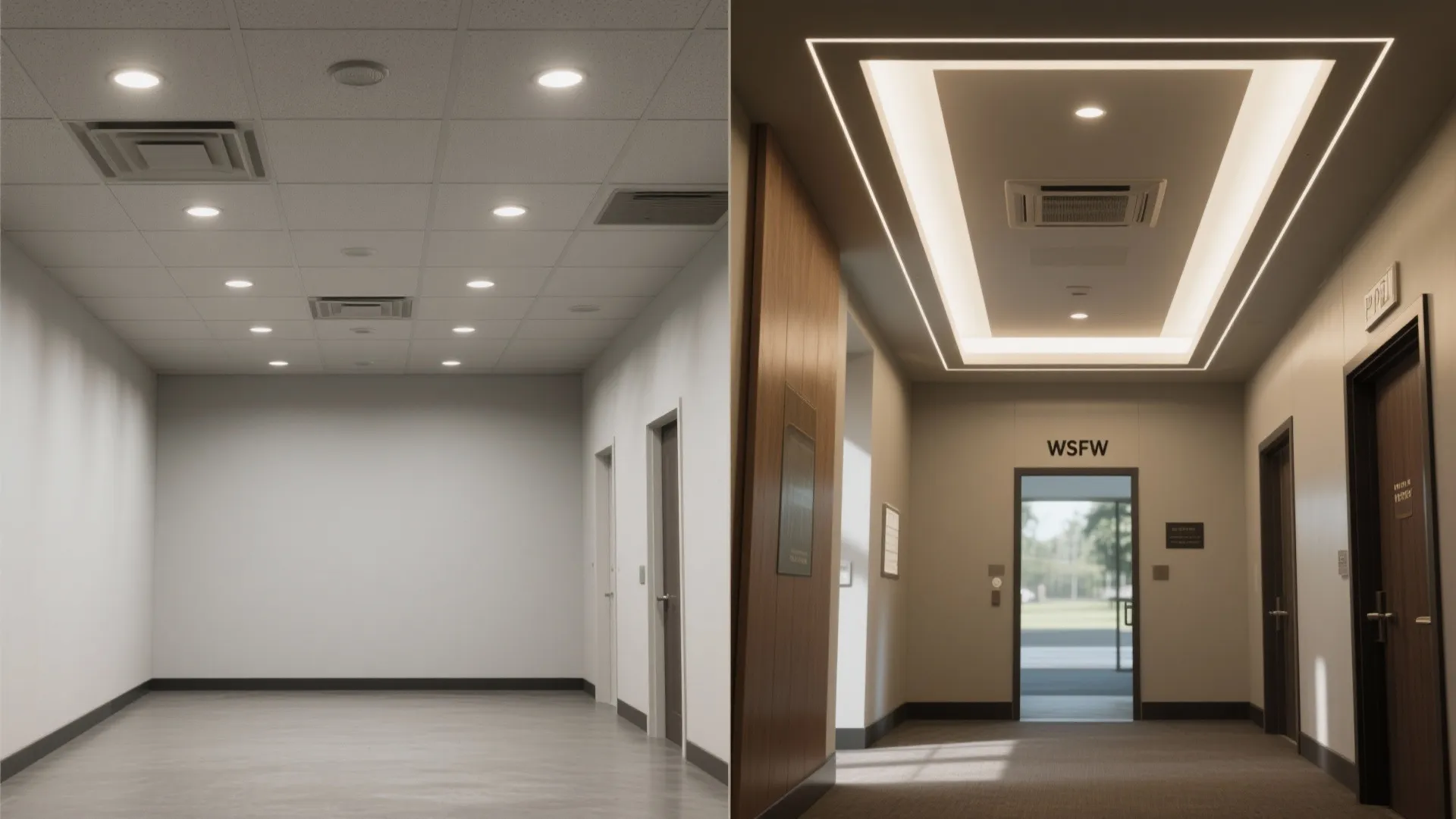 Before and after comparison showing a flat hall ceiling versus a POP design with soft indirect light.