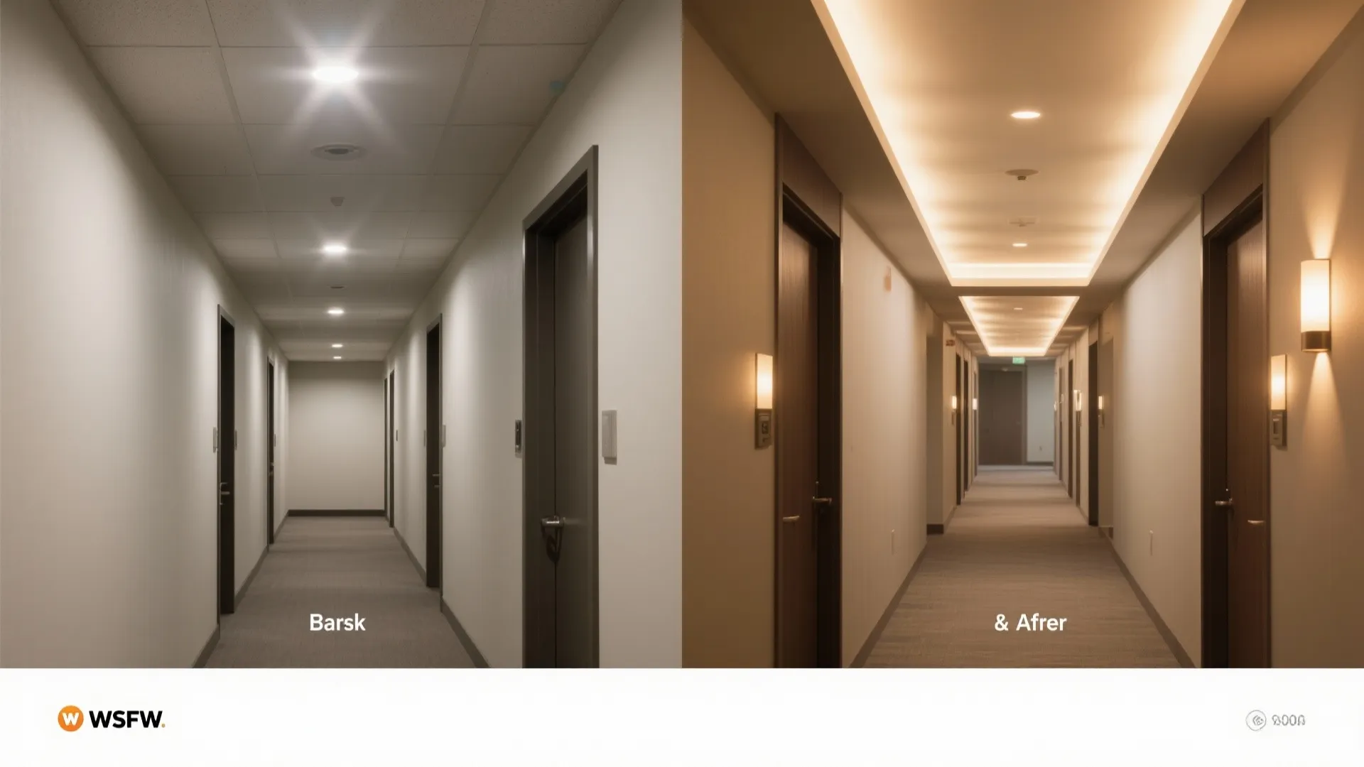 Before and after comparison of hallway lighting with standard light fixtures versus warm ceiling lights