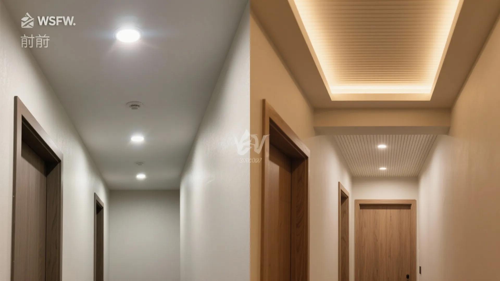 Split view of a hall ceiling before and after with layered lighting and refined finishes.