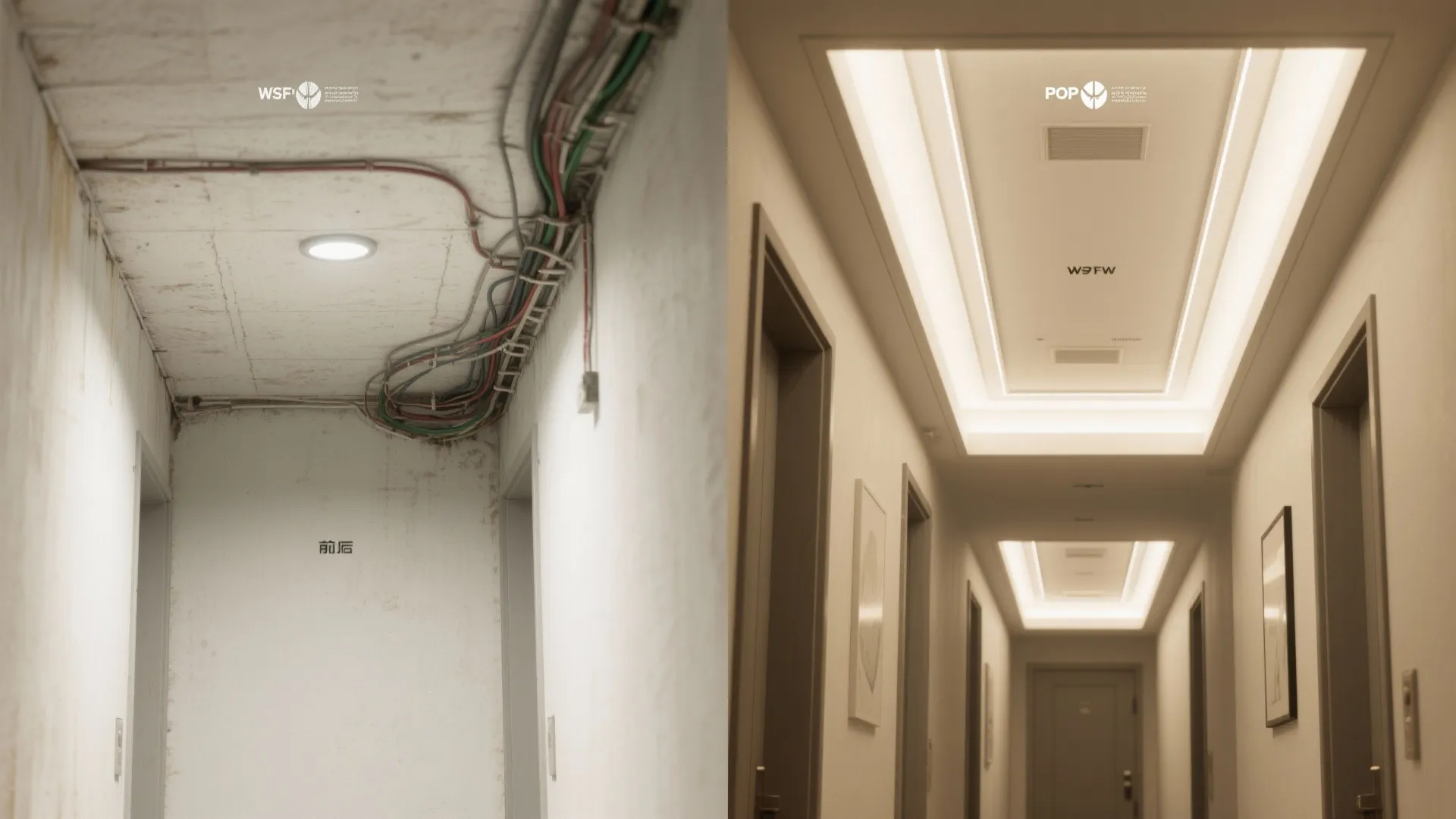 Before and after comparison of a messy hallway ceiling and a modern clean ceiling design