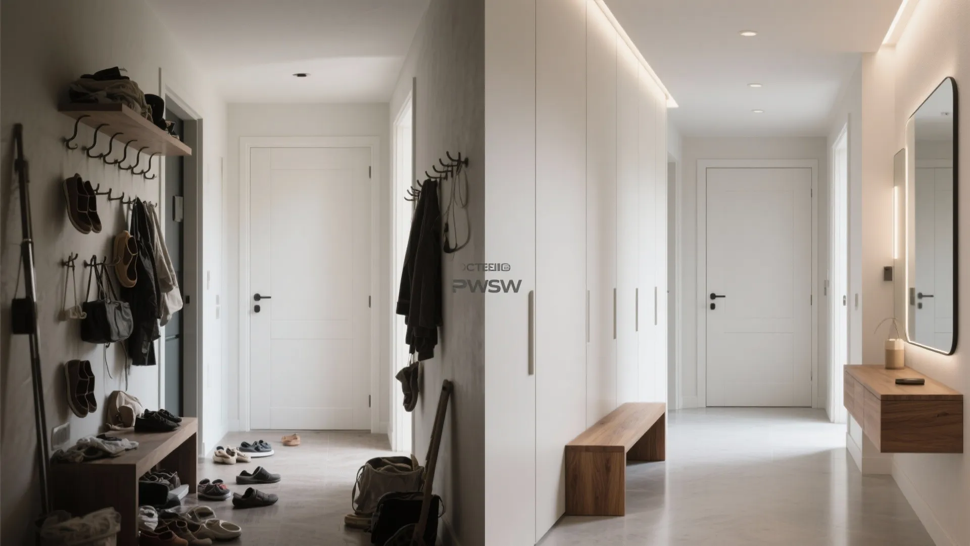 Before-and-after hallway: cluttered entry versus calm minimalist wardrobe with warm lighting.