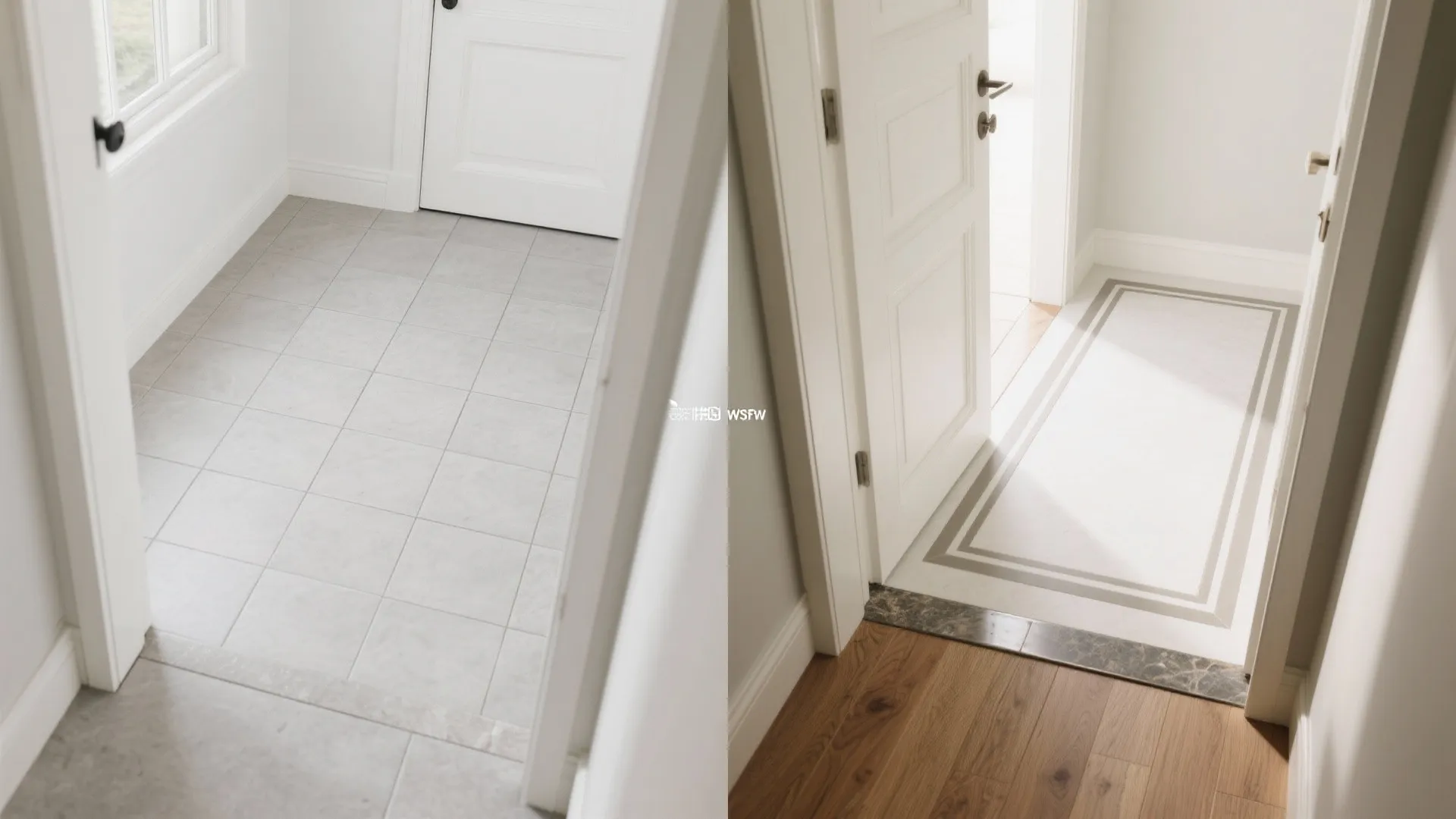 Before and after comparison of plain grey floor tiles versus tiles with a decorative border design