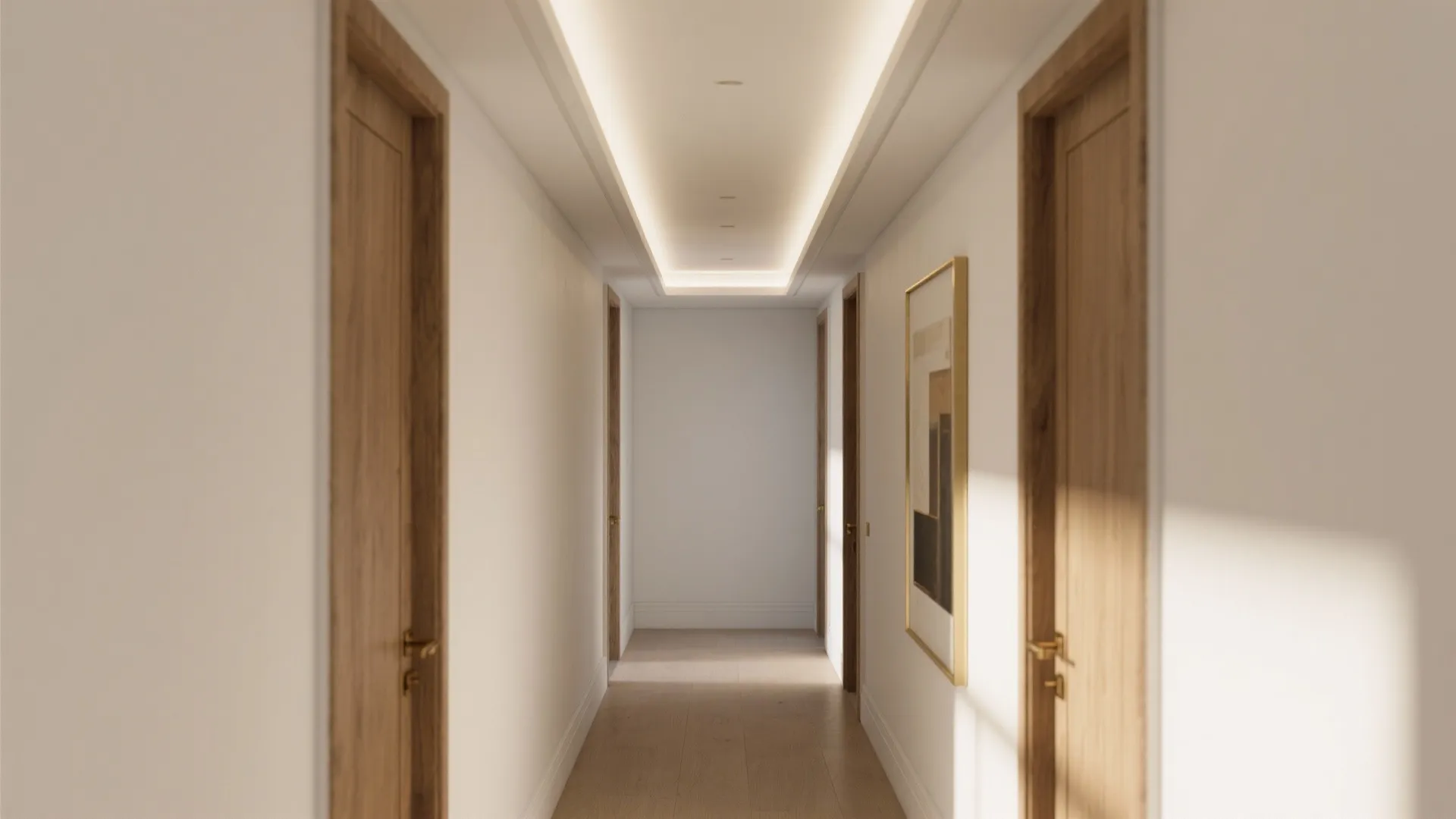 Minimalist hallway with wooden doors, white walls, light wood flooring, and hidden ceiling light strip