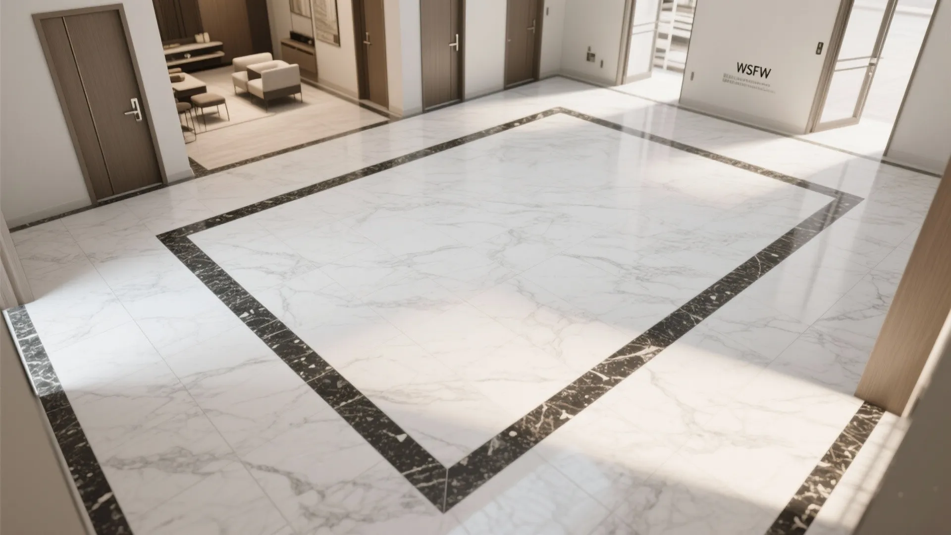Large hall with white marble floor featuring black marble border and several brown wooden doors