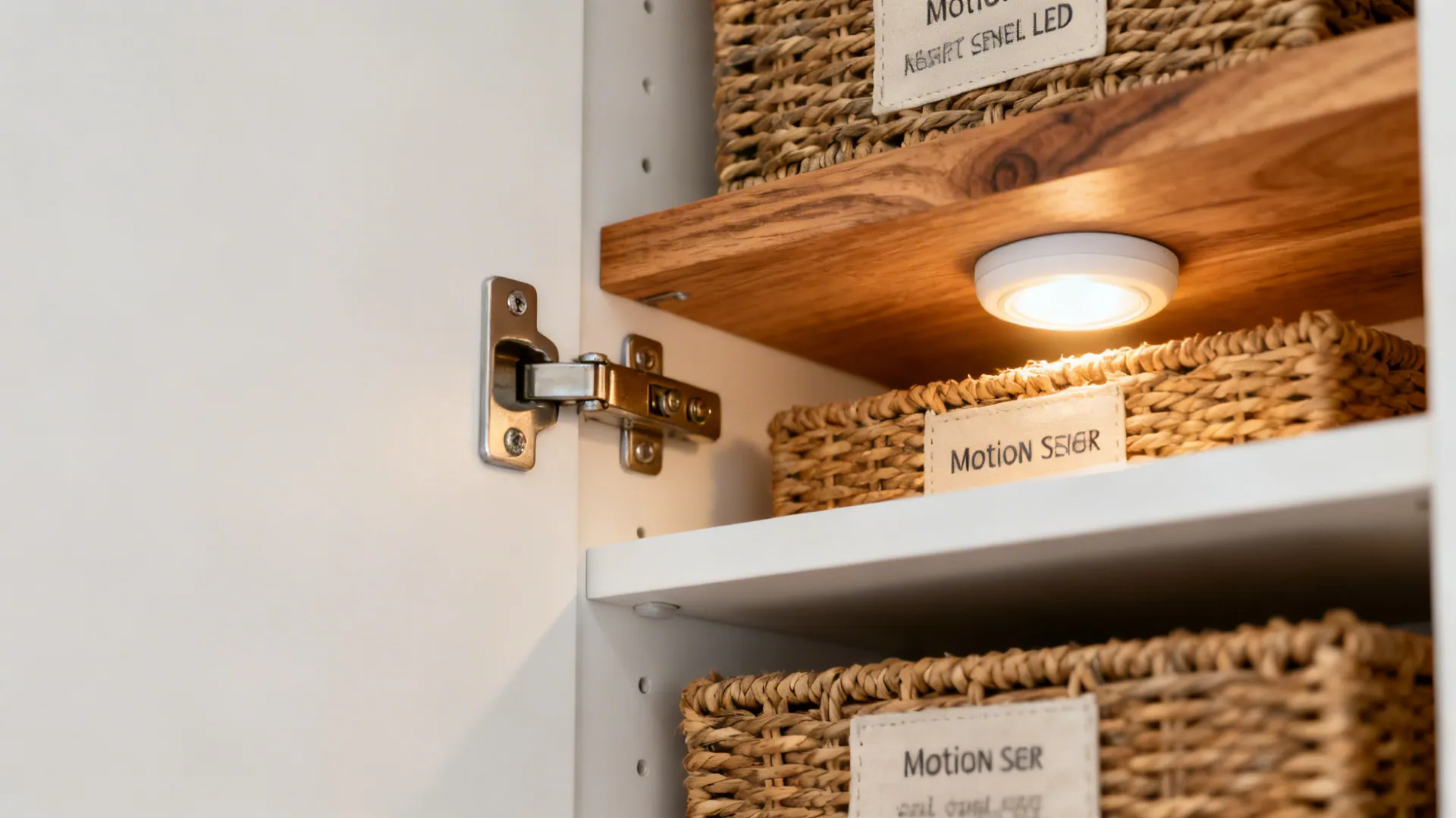 Macro of a shallow hall cabinet with soft-close hinge, woven baskets, and a motion-sensor warm LED light.