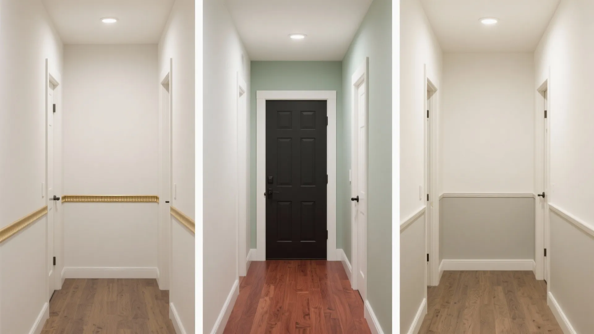 Three different hallway interior design drawings showing various wall panel styles and paint color options