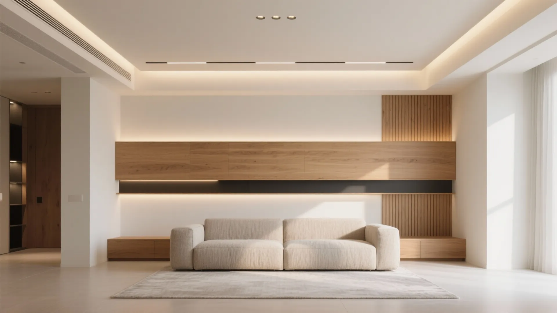 Minimalist living room with beige sofa wooden wall panels warm hidden lighting and clean white walls