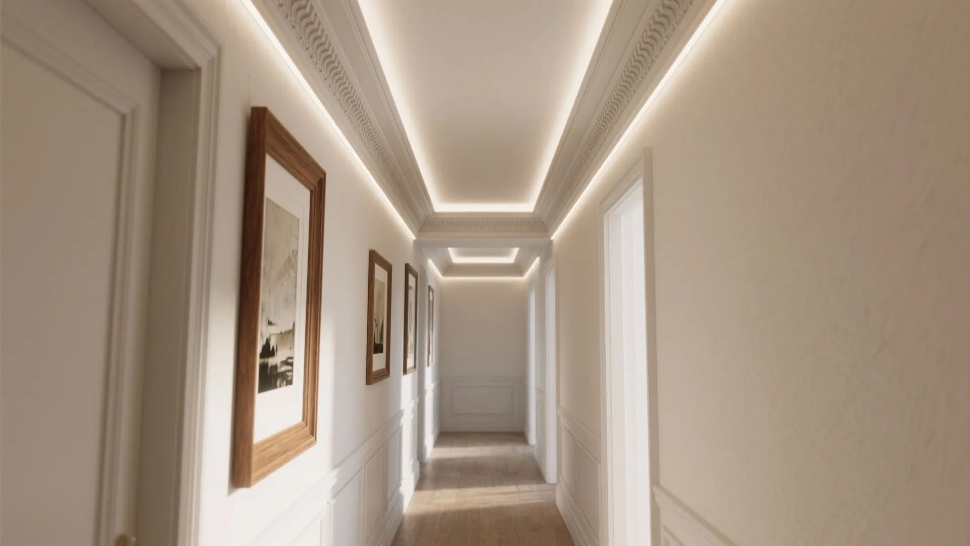 Long white hallway with wooden picture frames wall panel and bright lights on the high ceiling