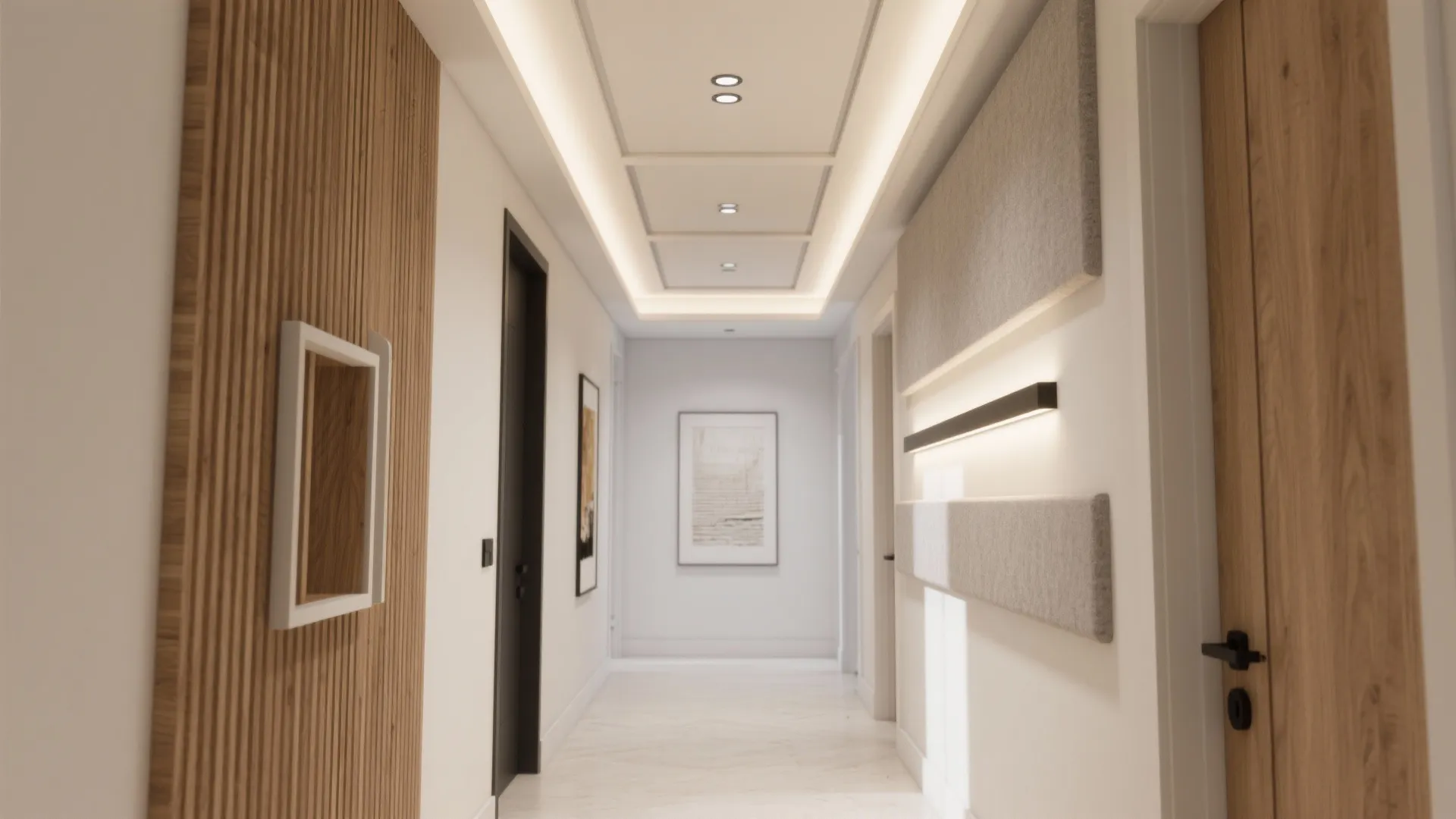 Bright hallway with wooden wall panel black door recessed ceiling light white floor and art