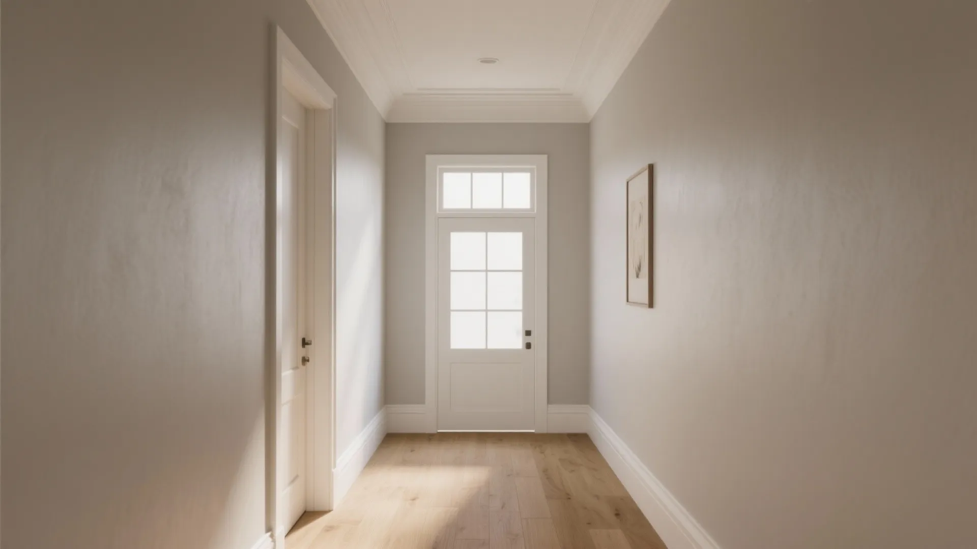 Bright hallway with wood floor white door wall panel molding and painting on the wall