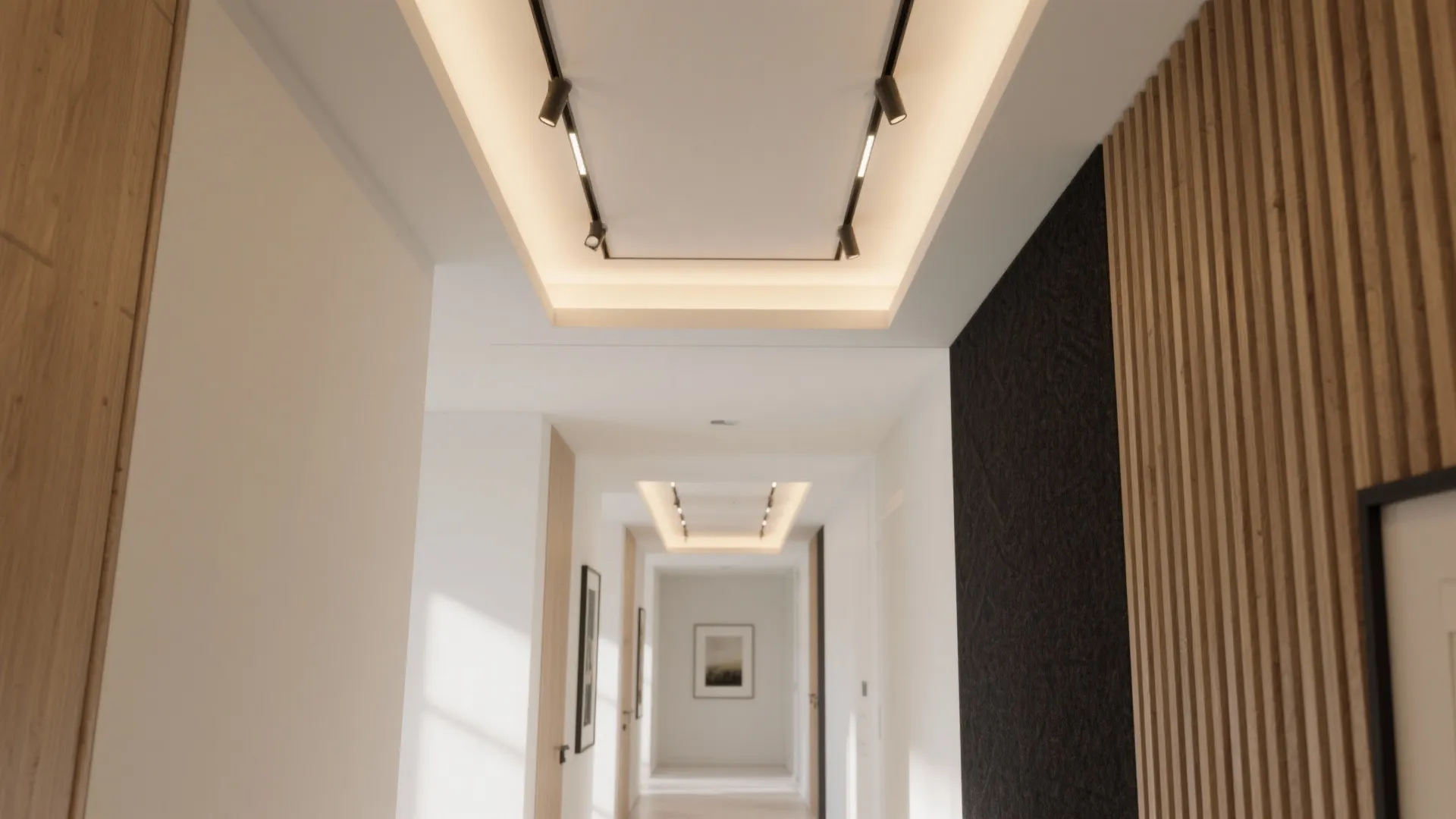 Minimalist hallway with black track lights on ceiling, wooden wall panels, and dark accent wall
