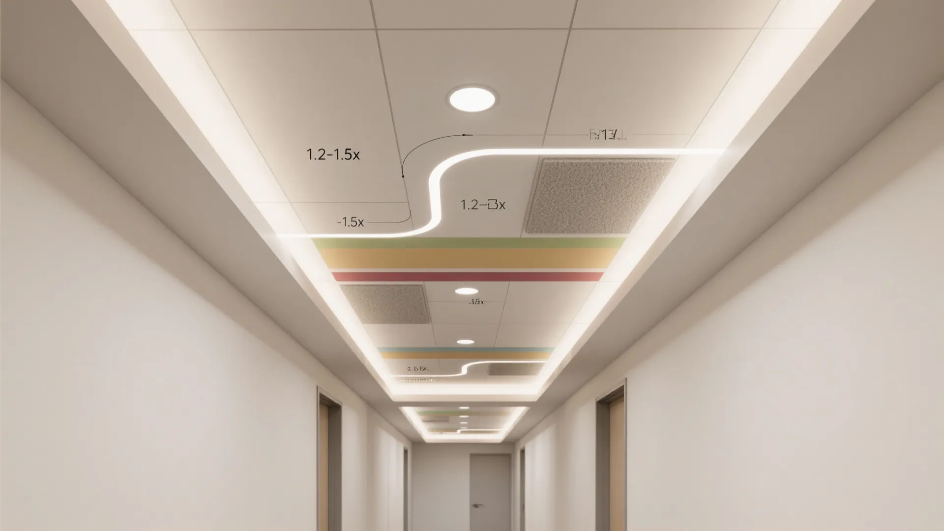 Top-down ceiling plan showing recessed spacing, cove lighting, color bands, and acoustic zones.