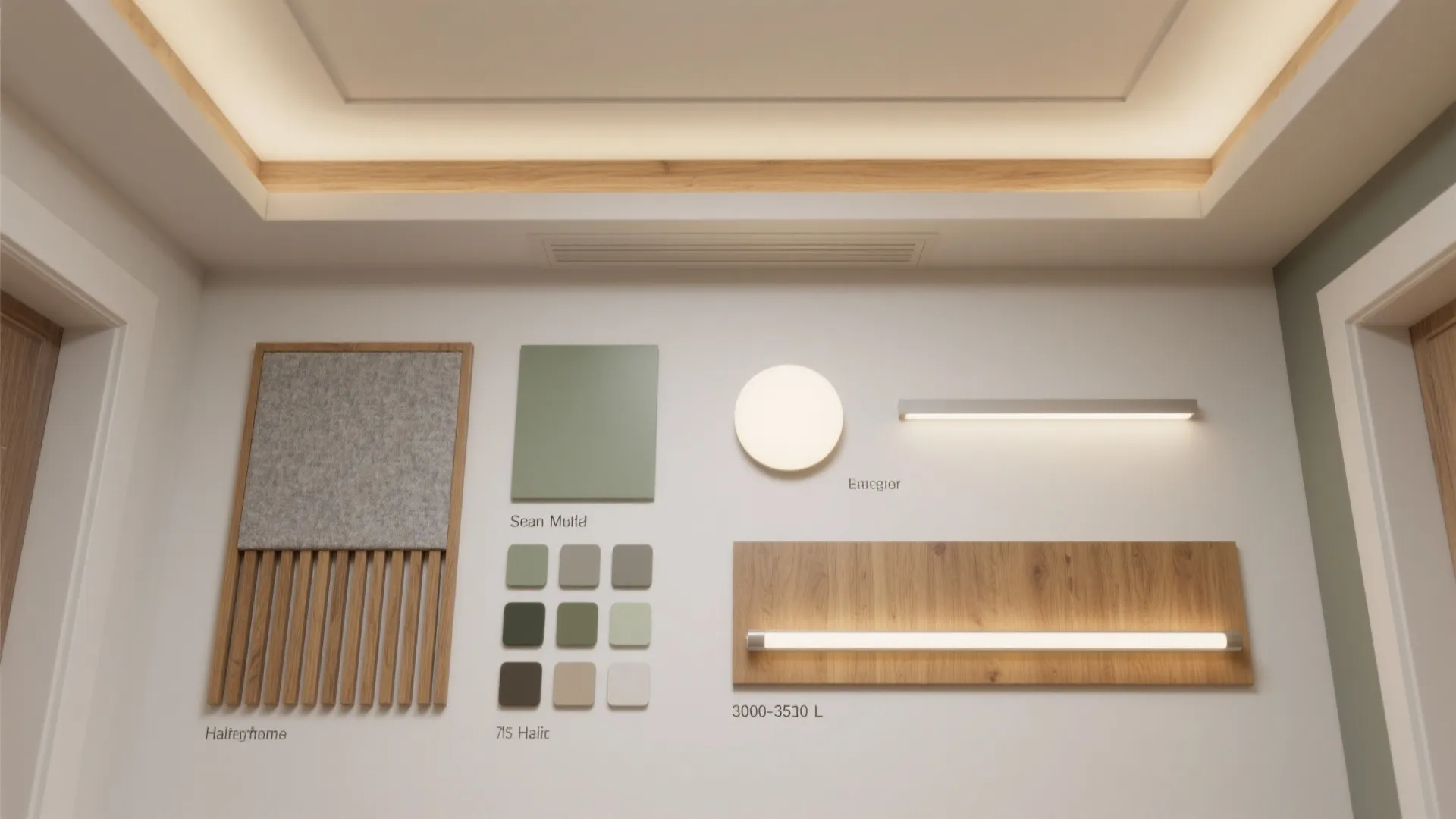 Flatlay of materials for tray glow, slim coffers, wood slats, painted accent, and wall washer lighting.