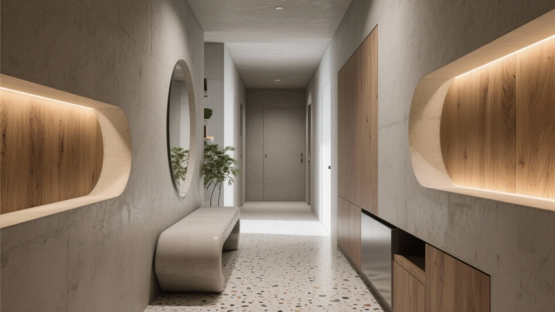 Modern hallway interior design drawing with stone bench round mirror wooden panels and grey walls