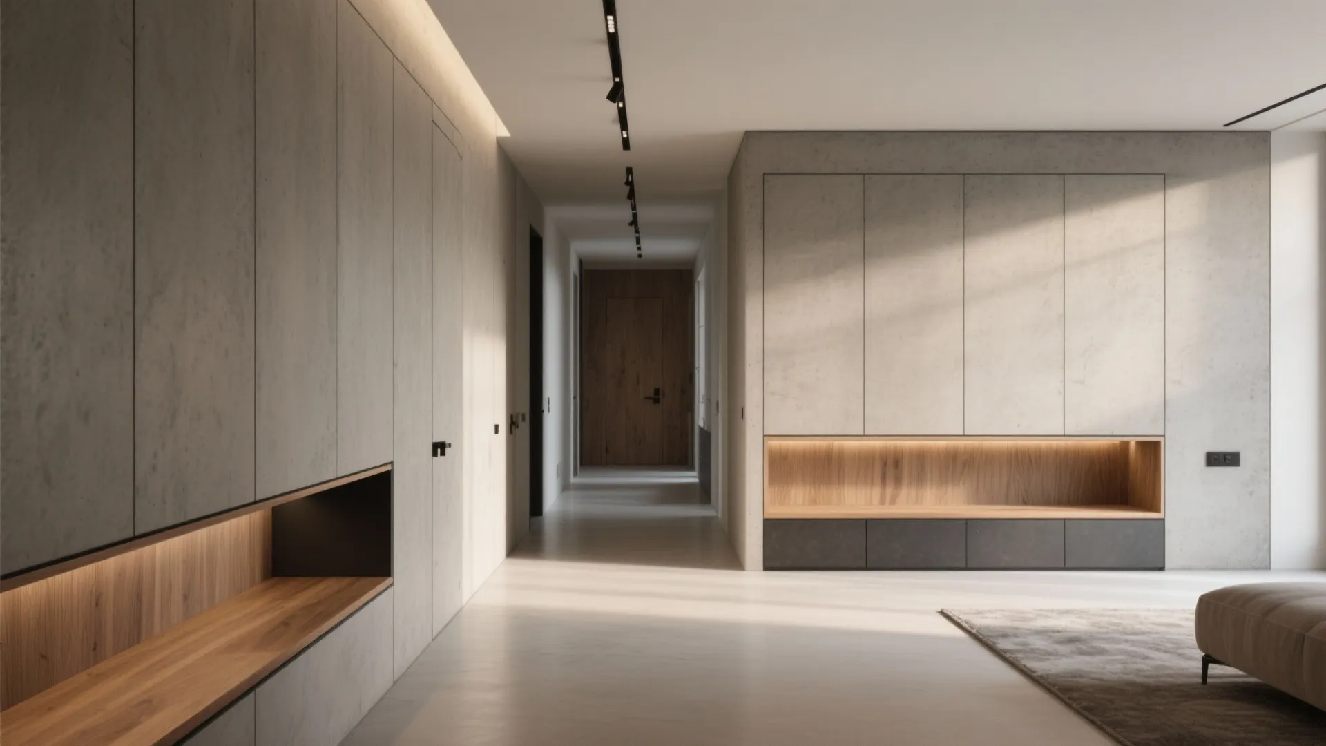Modern hallway interior design with concrete wall panels wooden cabinet shelves and black track lighting