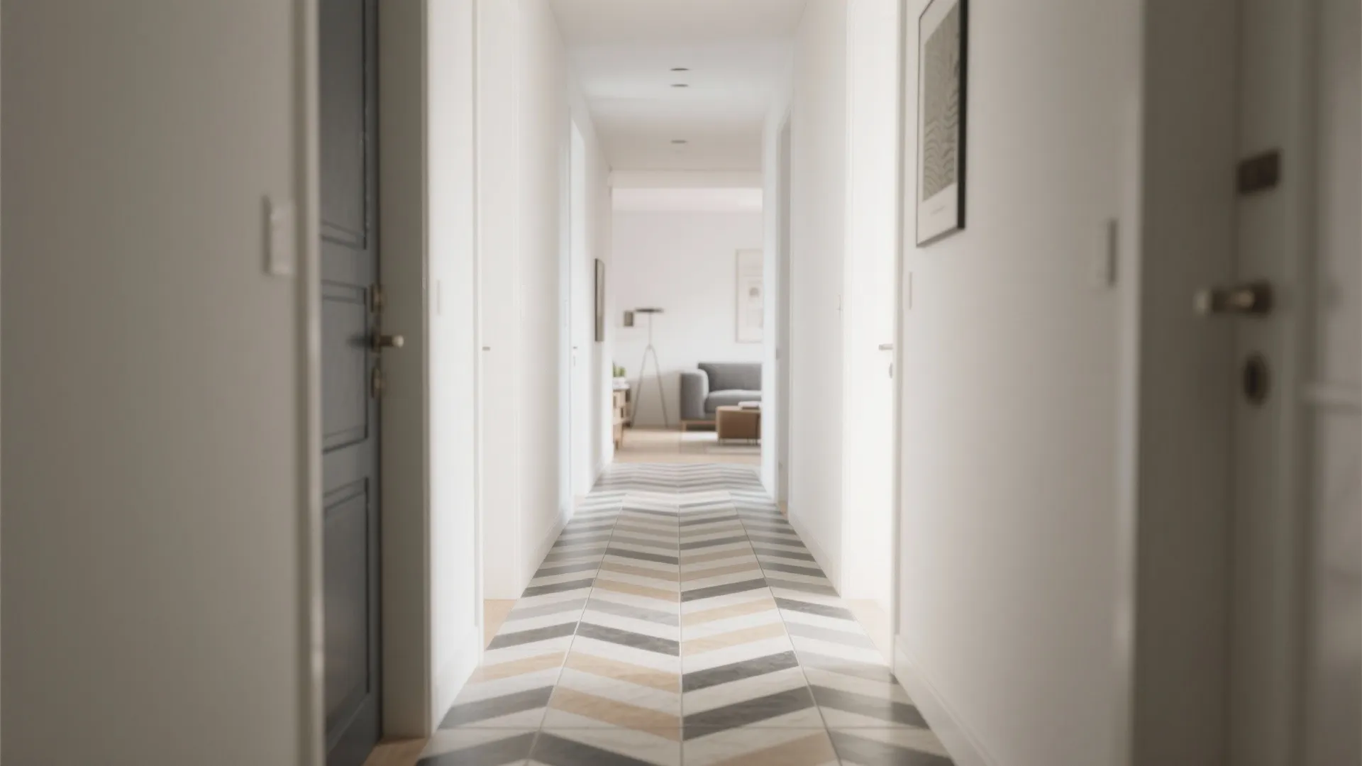 Modern hallway with white walls and patterned floor tiles leading to a bright living room