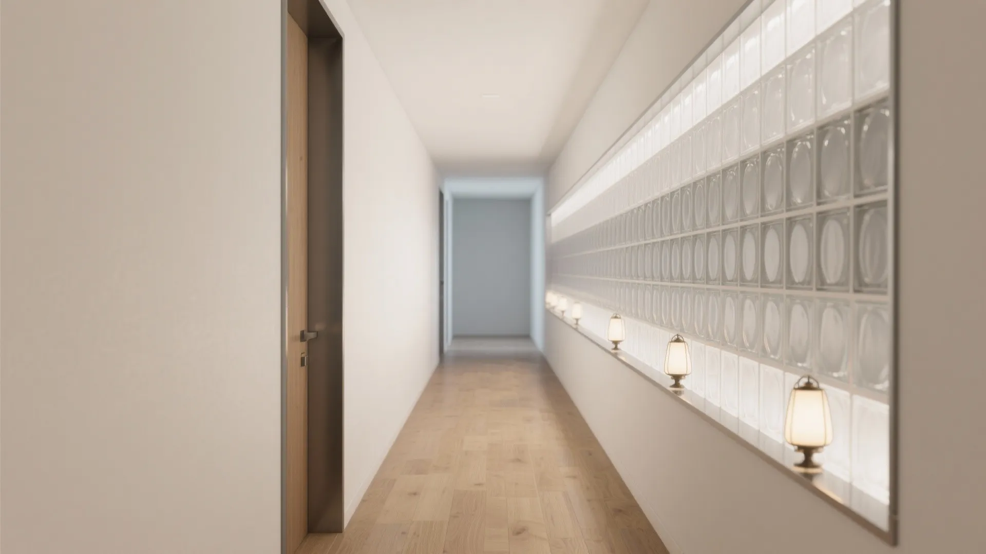 Long narrow hallway featuring a glass block wall with small decorative lamps and wooden floor