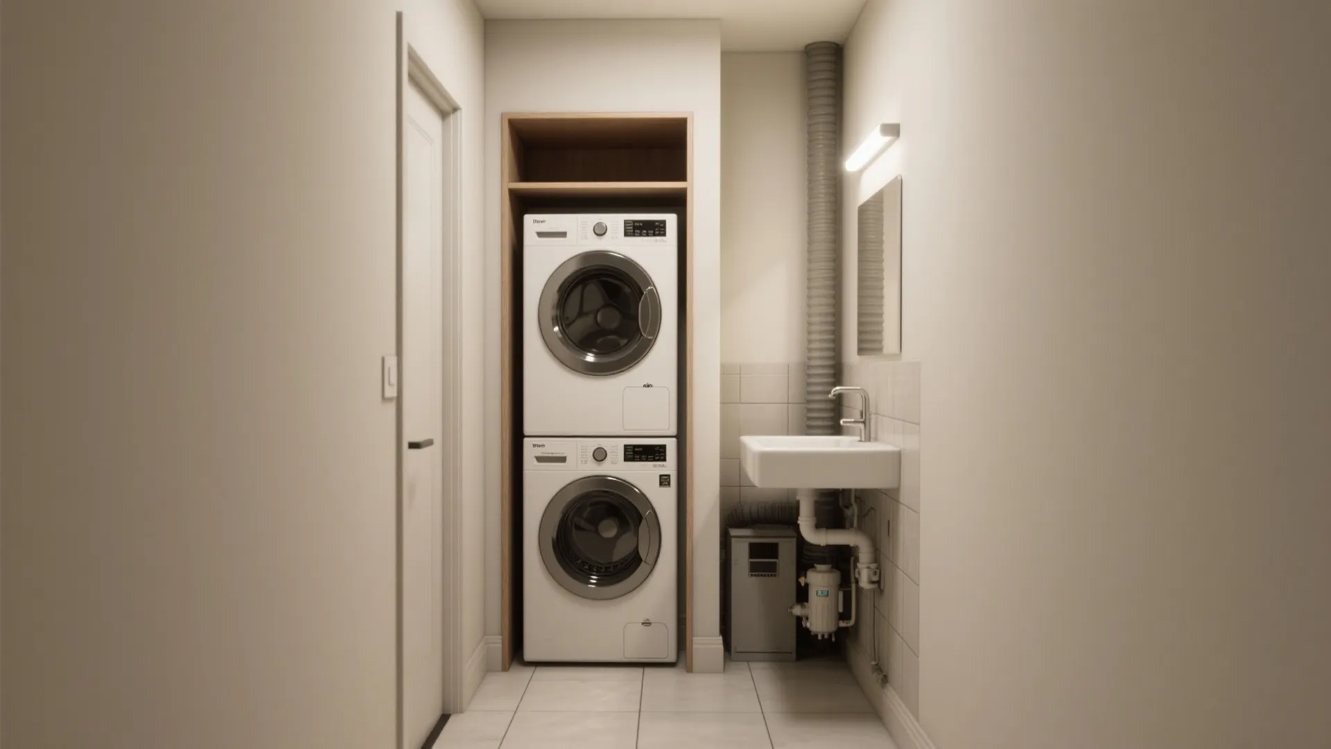 Compact laundry room design featuring stacked washing machines and a small sink in neutral tones