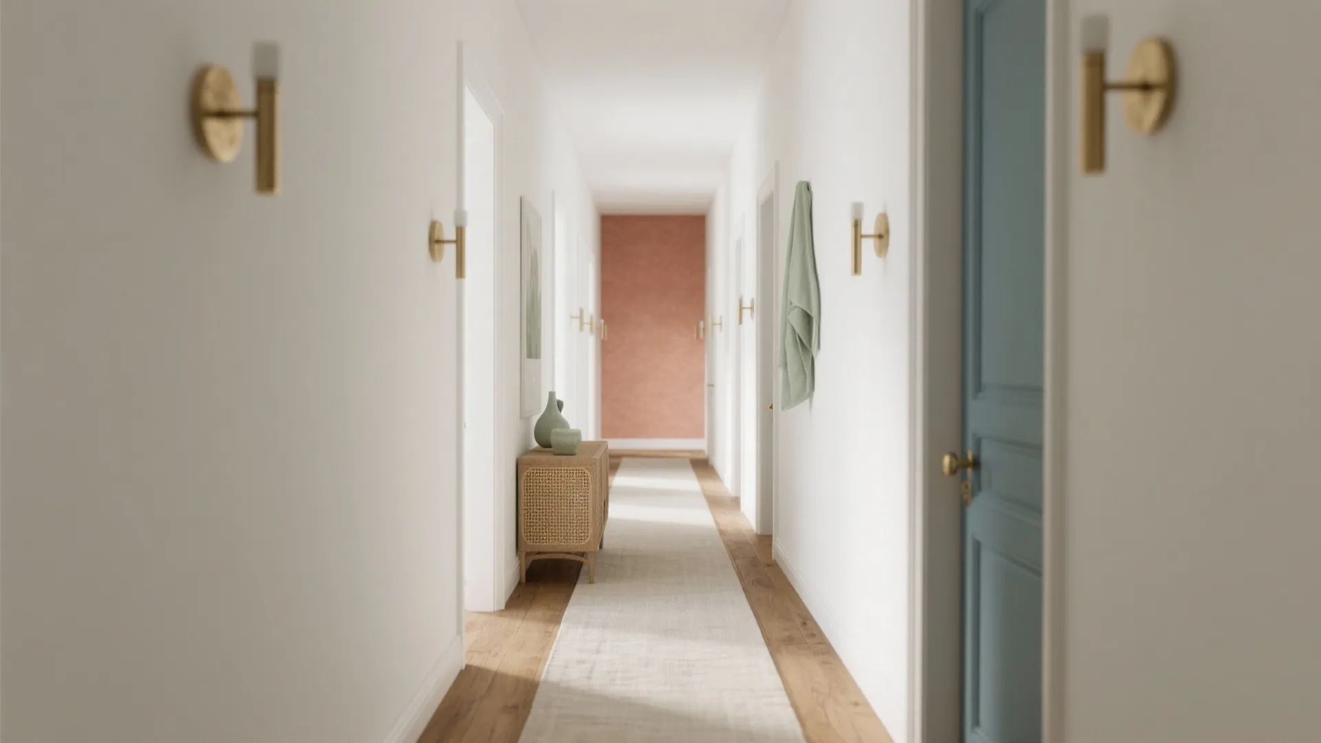 Long white hallway with gold wall lights small wooden cabinet pink wall and blue door