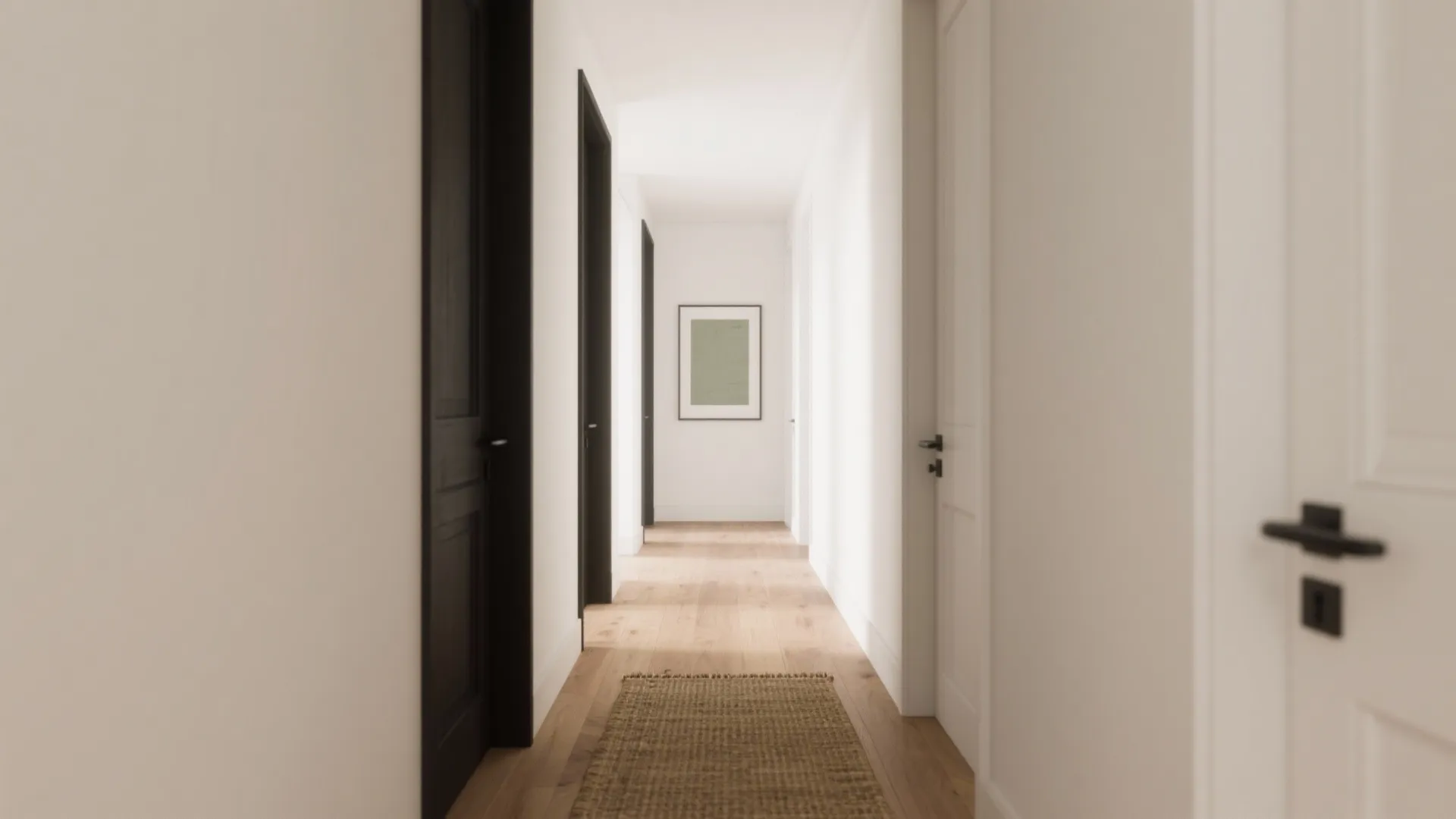 Modern hallway with white walls black doors wooden floor brown rug and a wall painting