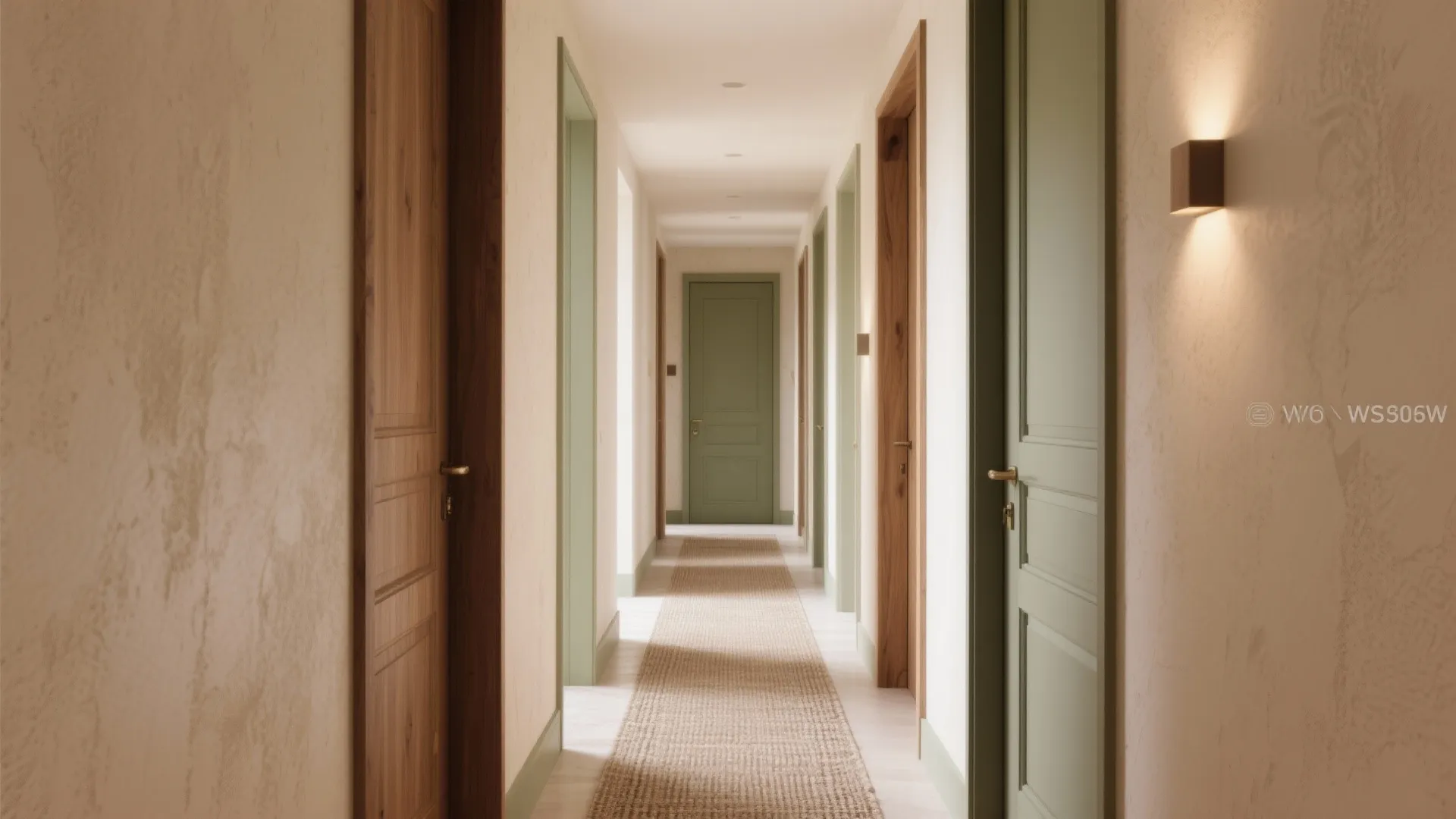 Long hallway featuring light green and wood doors with a beige rug and warm lighting