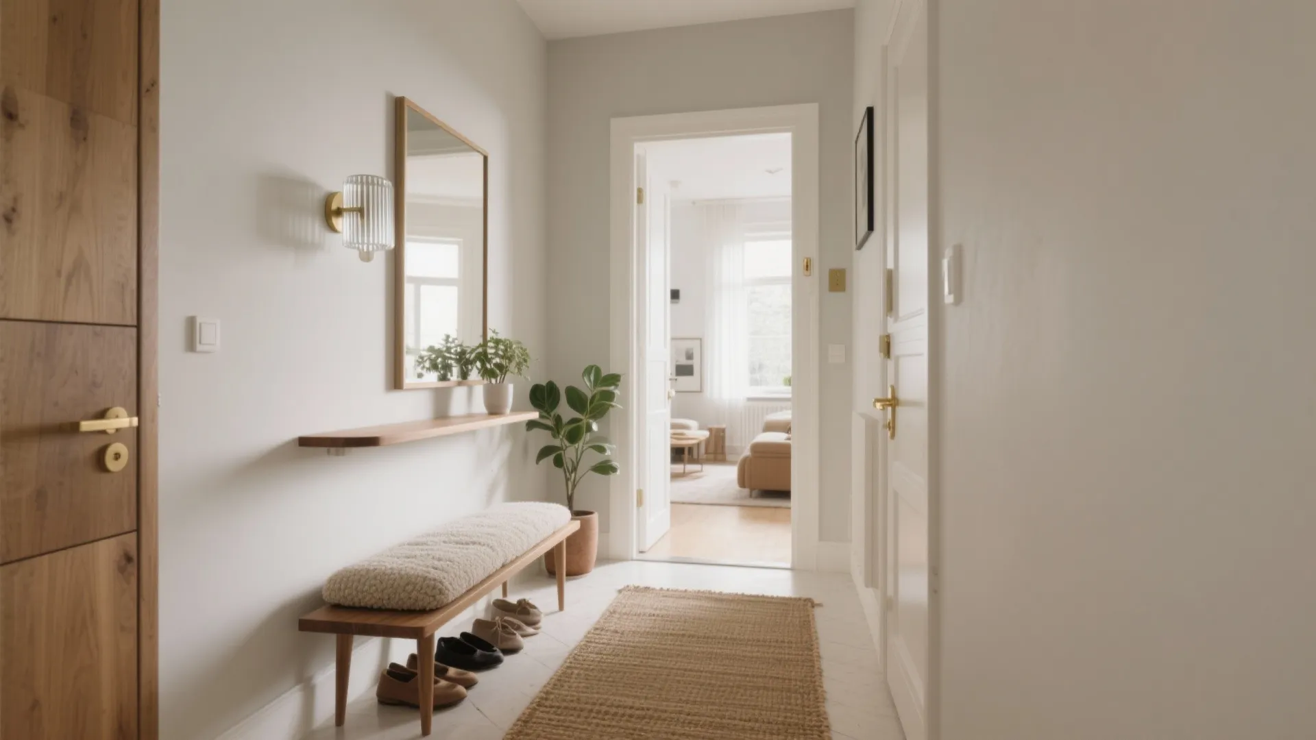 Bright entry area with wooden door cushioned bench wall mirror green plant and woven rug