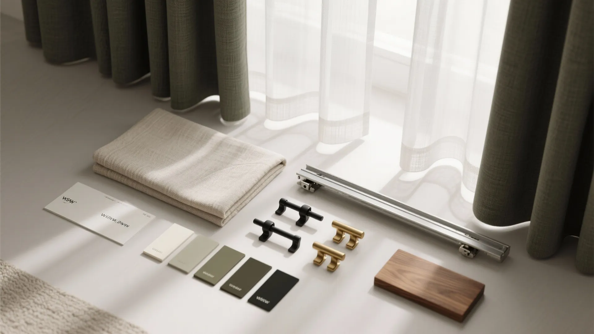 Interior design material set with green fabric, color cards, metal curtain tracks, hooks, and wood