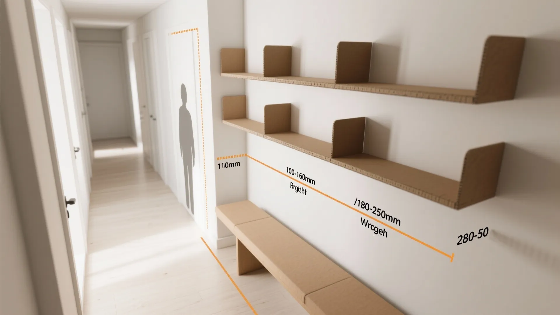 Top-down visual guide of hallway shelf depths and heights using mockups and tape outlines.