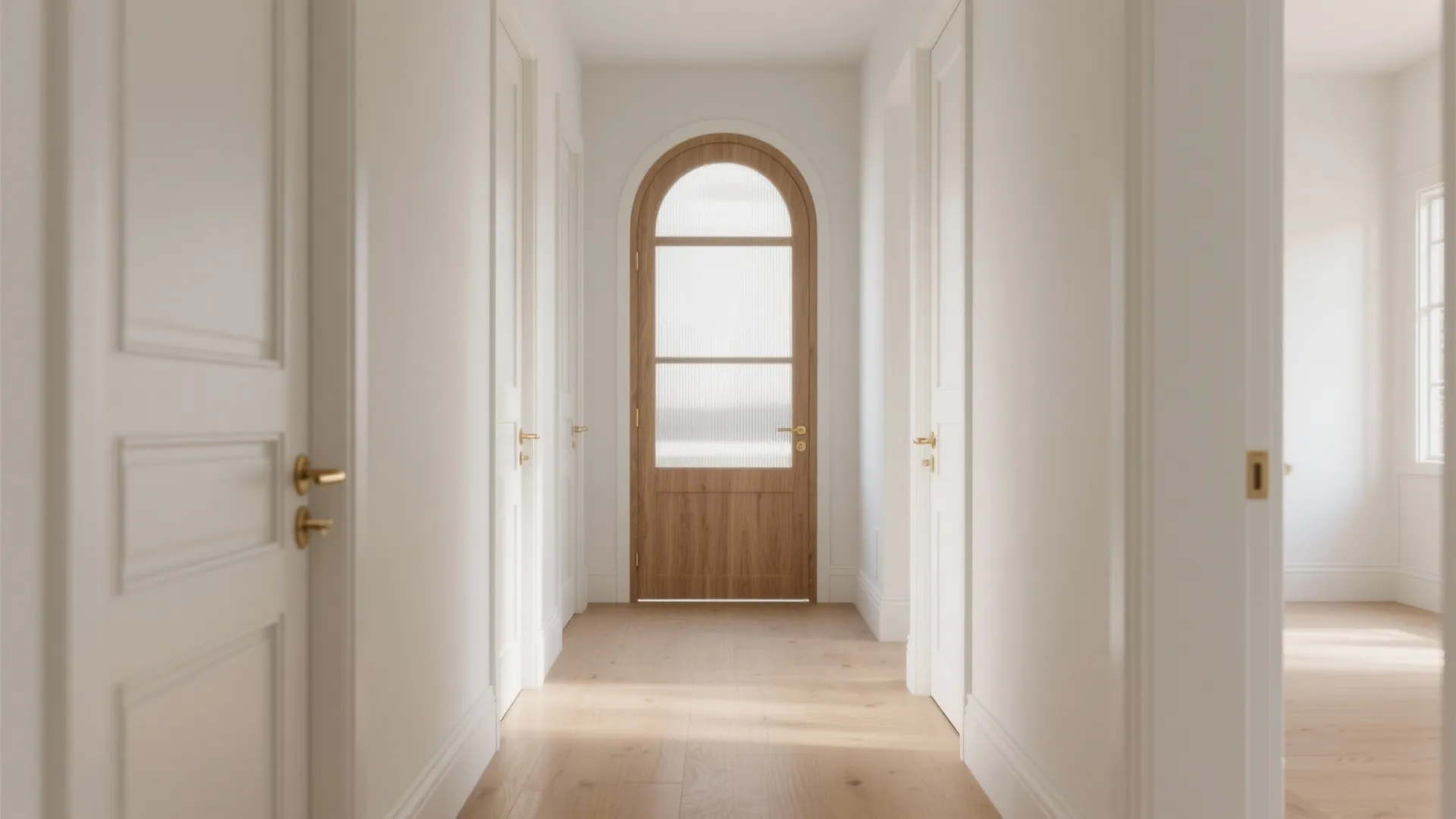 Bright white hallway featuring multiple doors and a central arched wooden door with glass panels
