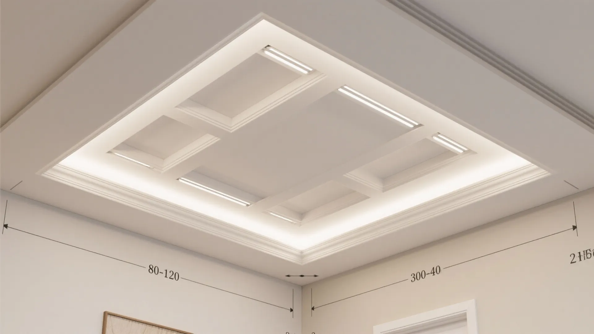 Top-down guide showing typical gypsum ceiling drop dimensions and slot setbacks for small halls.