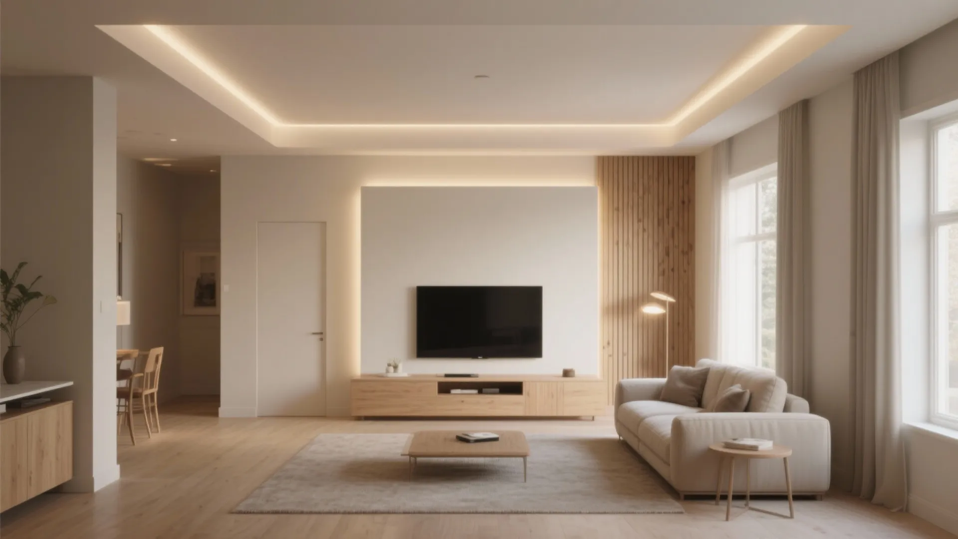 Modern living room with recessed ceiling lights wood wall panel sofa television and warm natural light