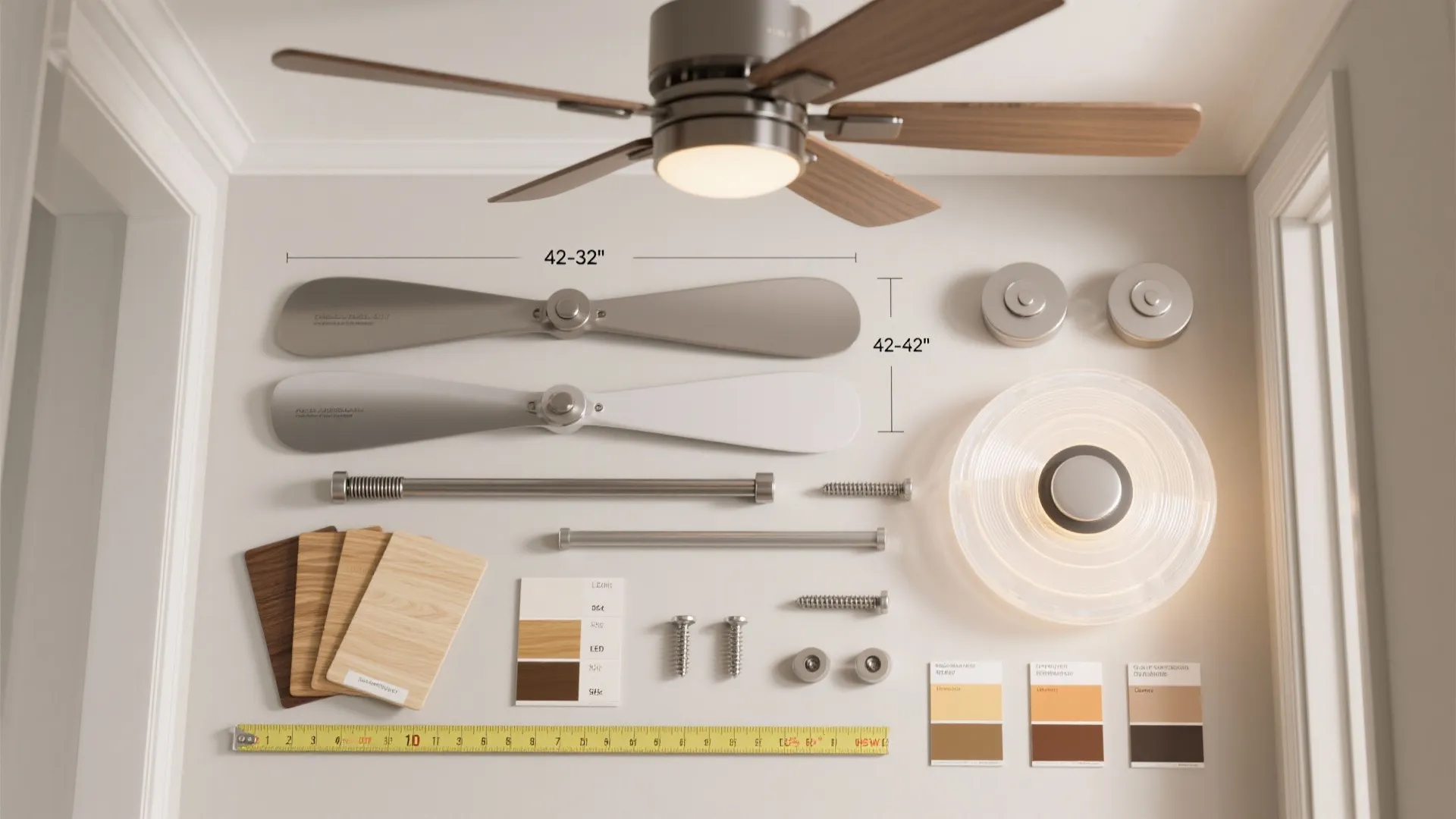 Flat lay of hall fan planning kit: blade size samples, short downrods, screws, balance kit, diffuser ring, and tape measure.