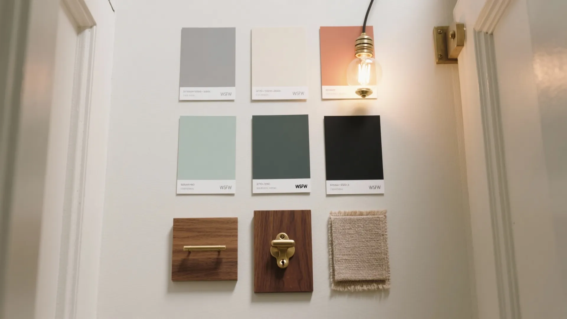 Selection of paint color samples wood pieces fabric and one hanging warm yellow light bulb