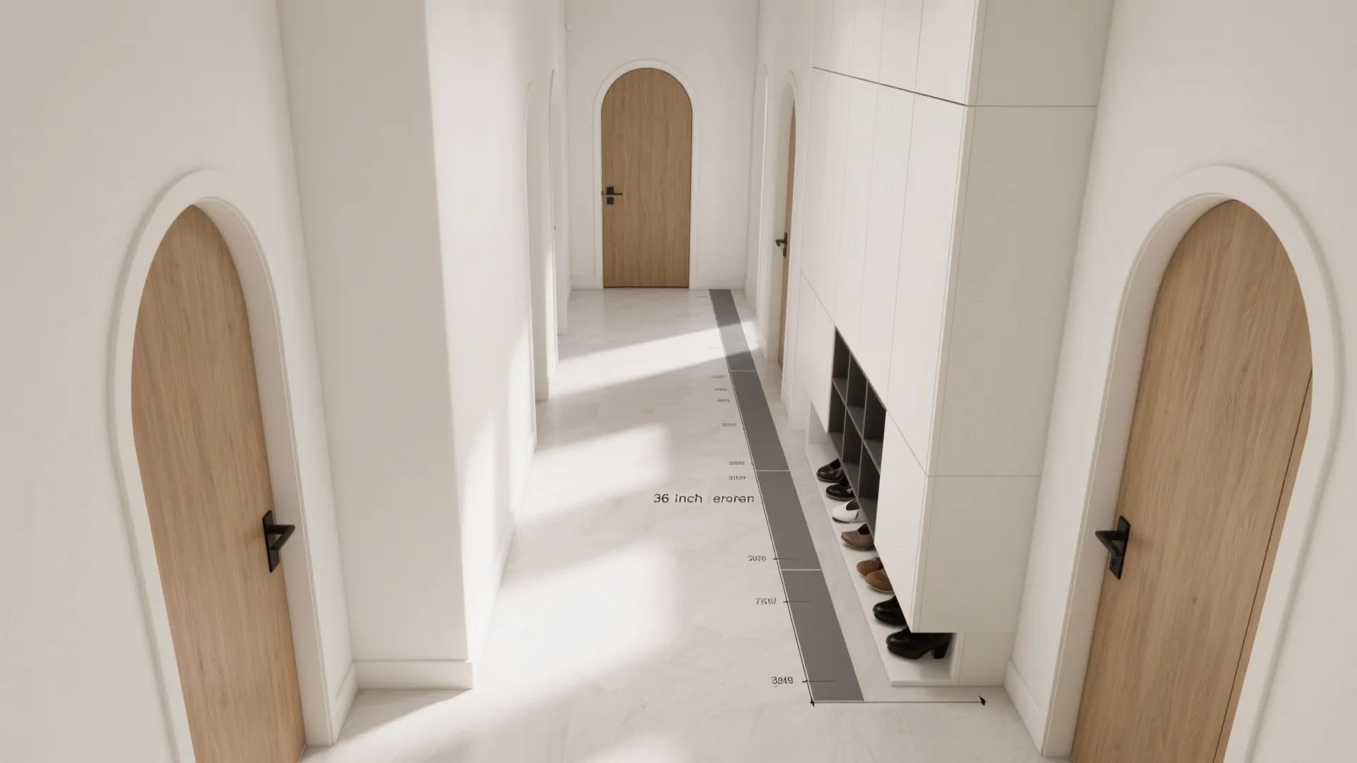 Bright hallway with white walls arched wooden doors white cabinet storage and marked floor dimension line