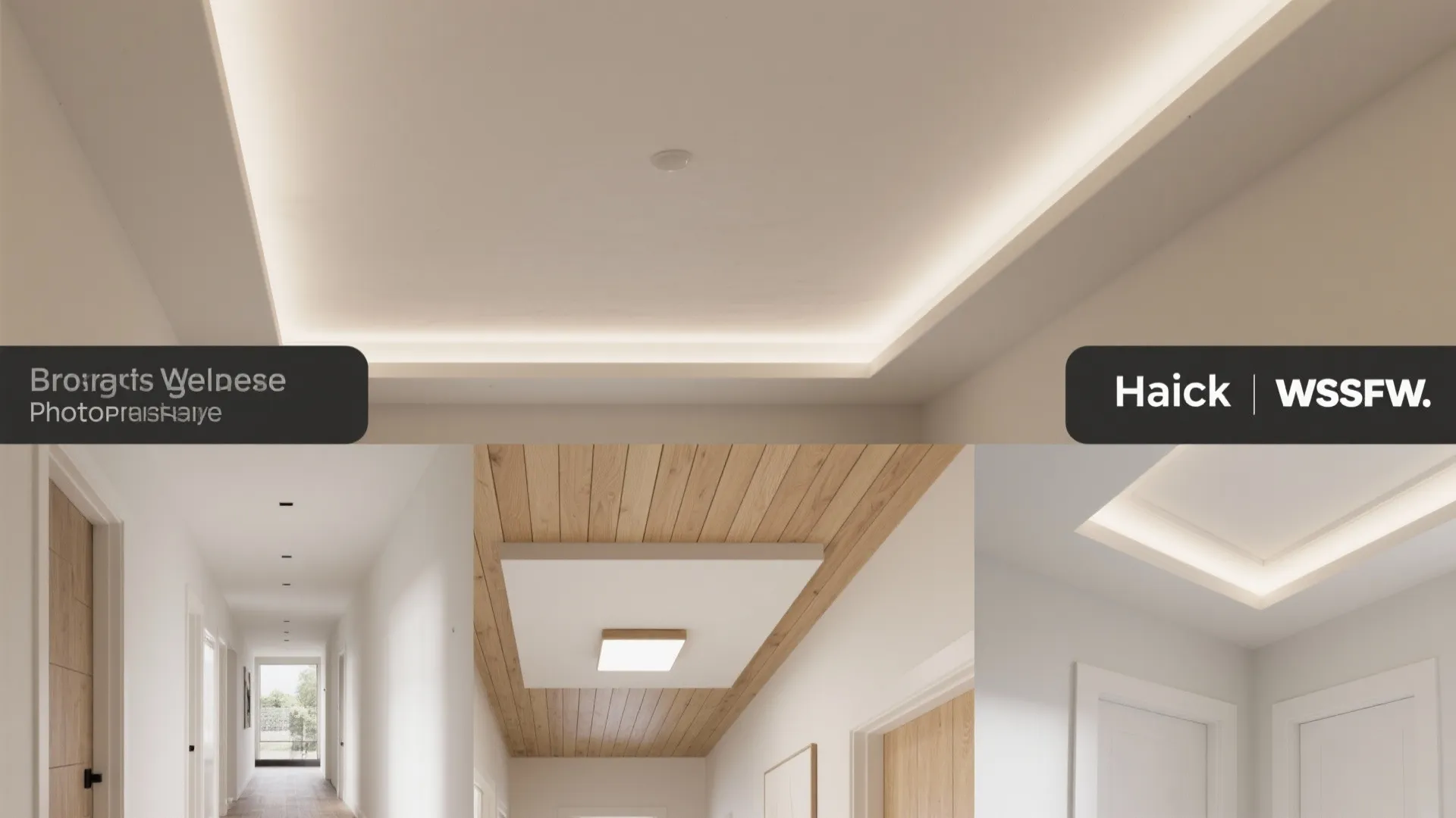 Collage showing different hallway ceiling light designs including hidden strip lights and modern wood panel styles