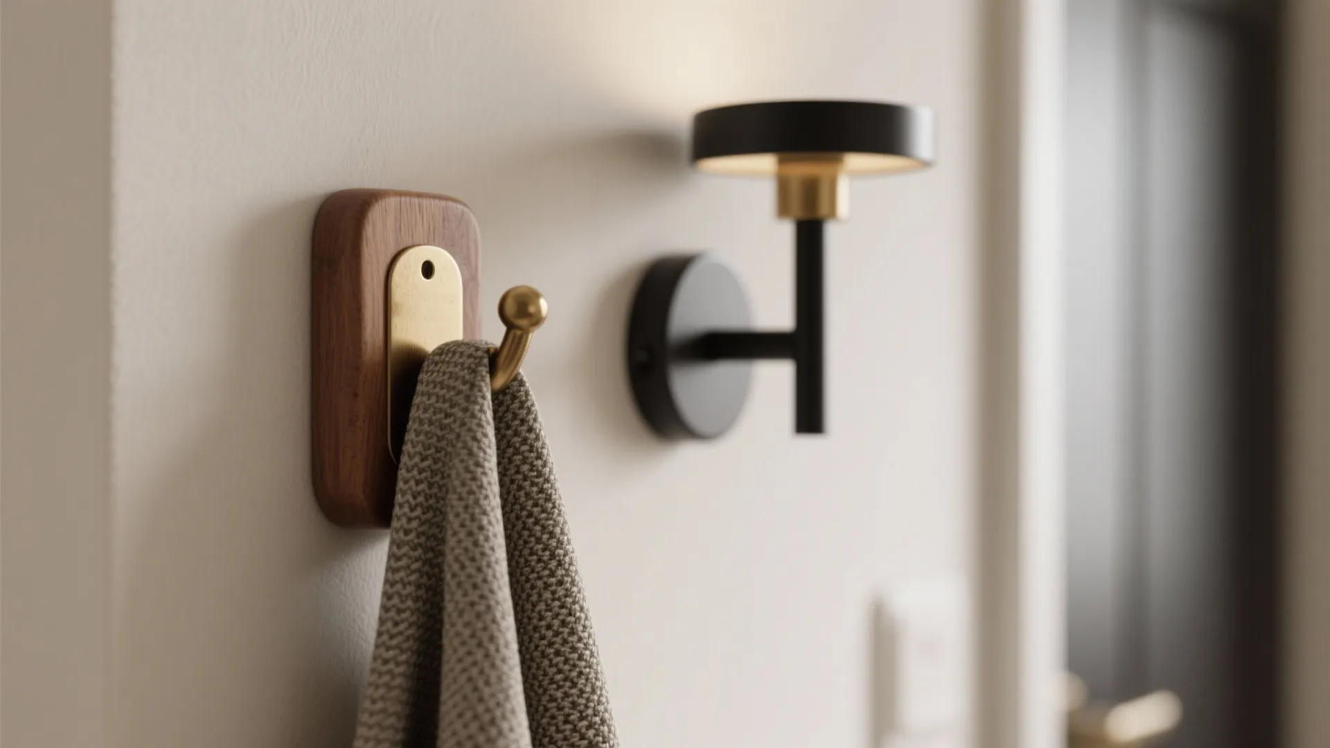 Wooden wall hook with brass detail holding a towel next to a black wall light