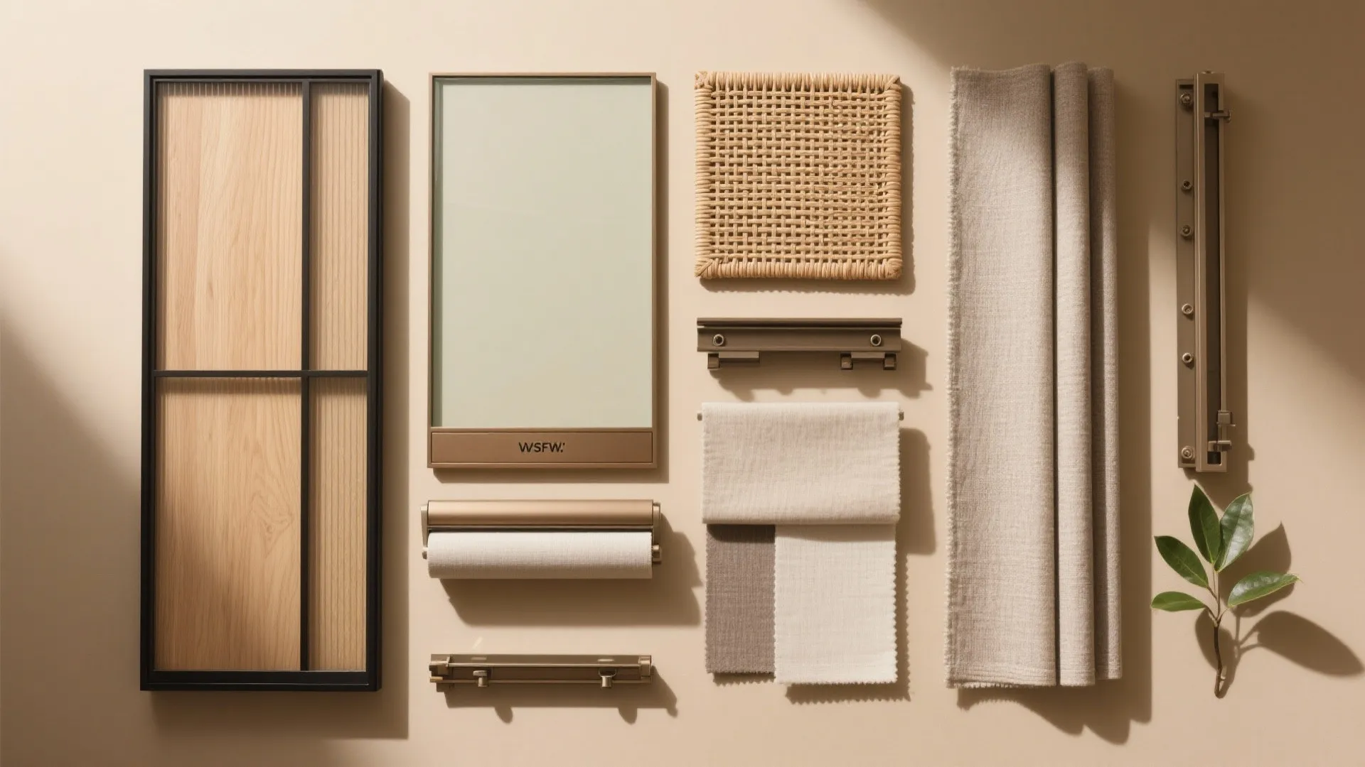 Interior design material board with wood panels fabric swatches woven rattan and metal hardware pieces