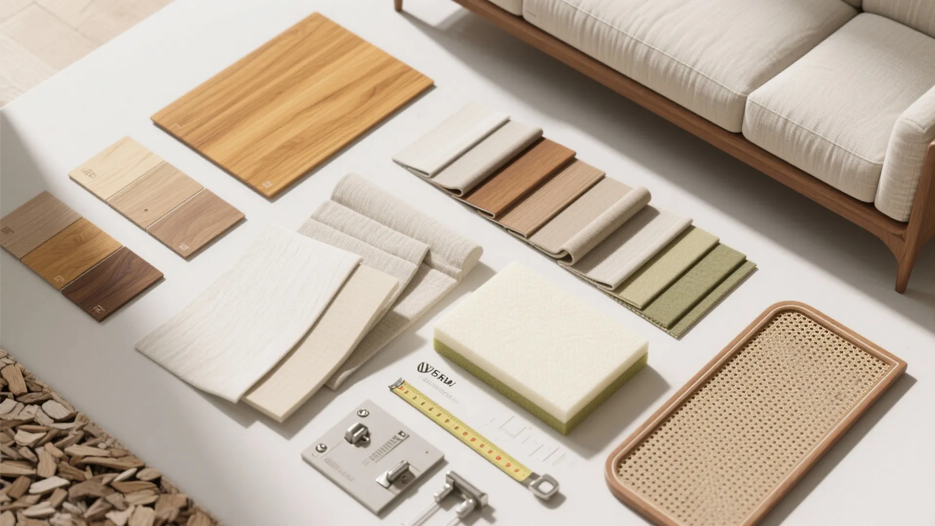 Material samples including wood boards fabric swatches measuring tape and hardware organized on white surface