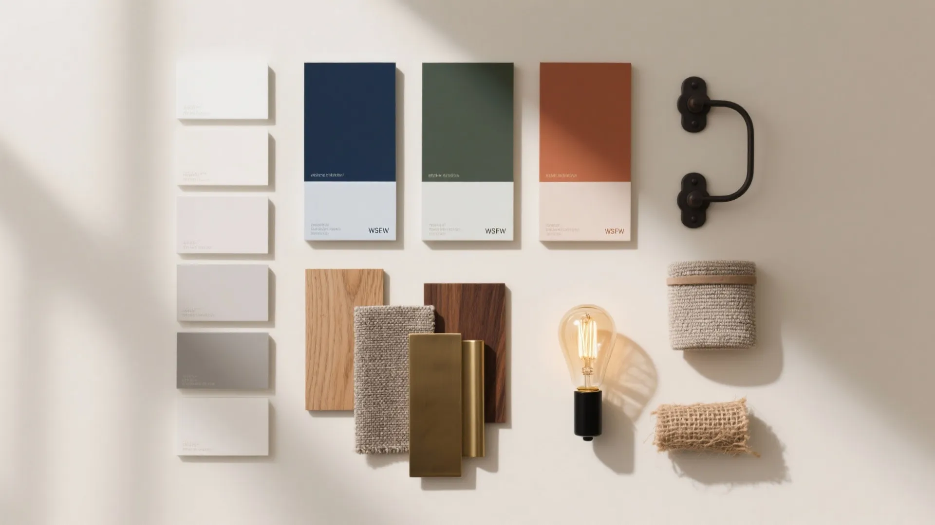 Interior design mood board with paint swatches wood samples fabric pieces and a light bulb