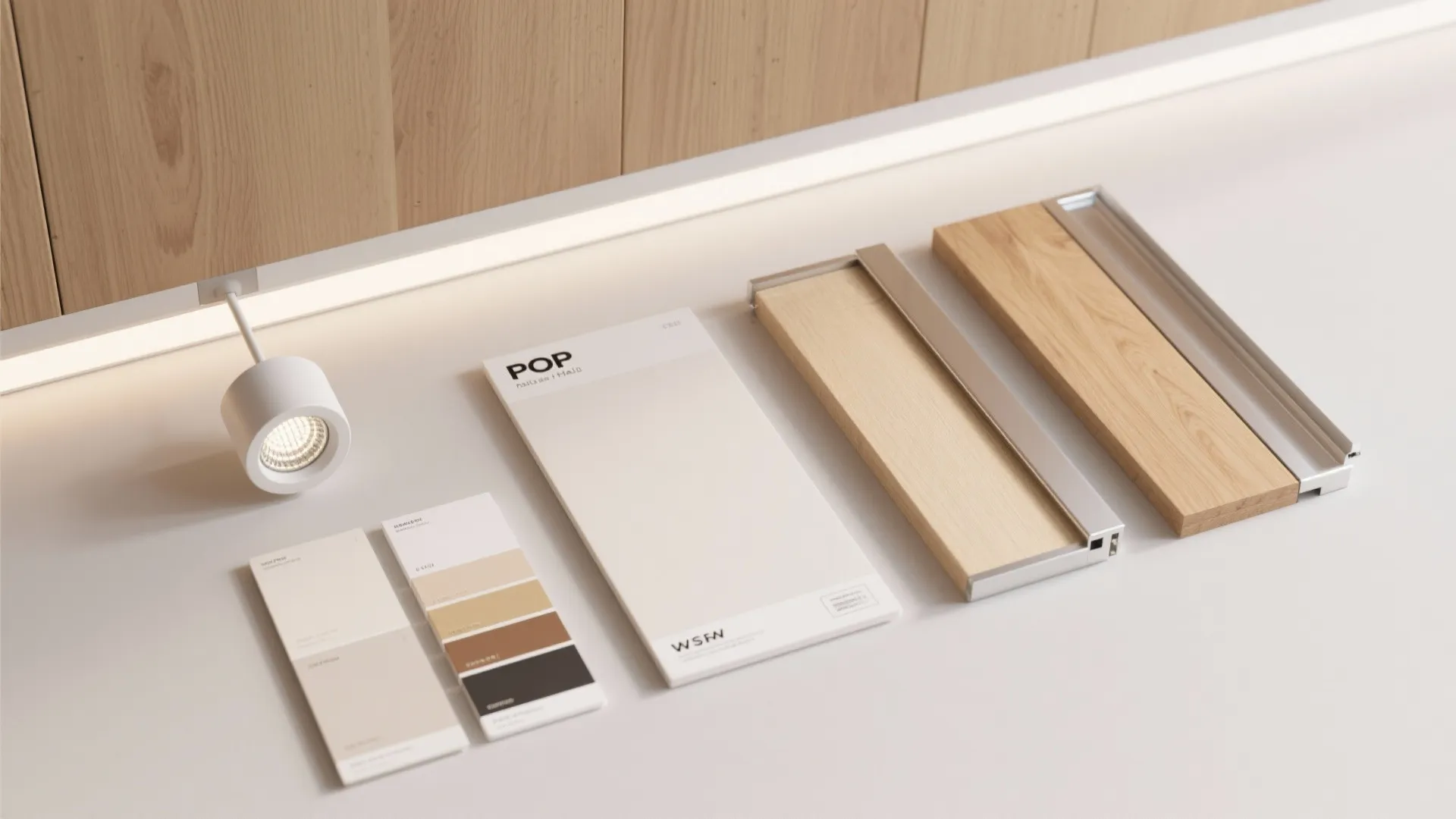 Interior design materials including wood samples, color palettes, and a small white round light fixture