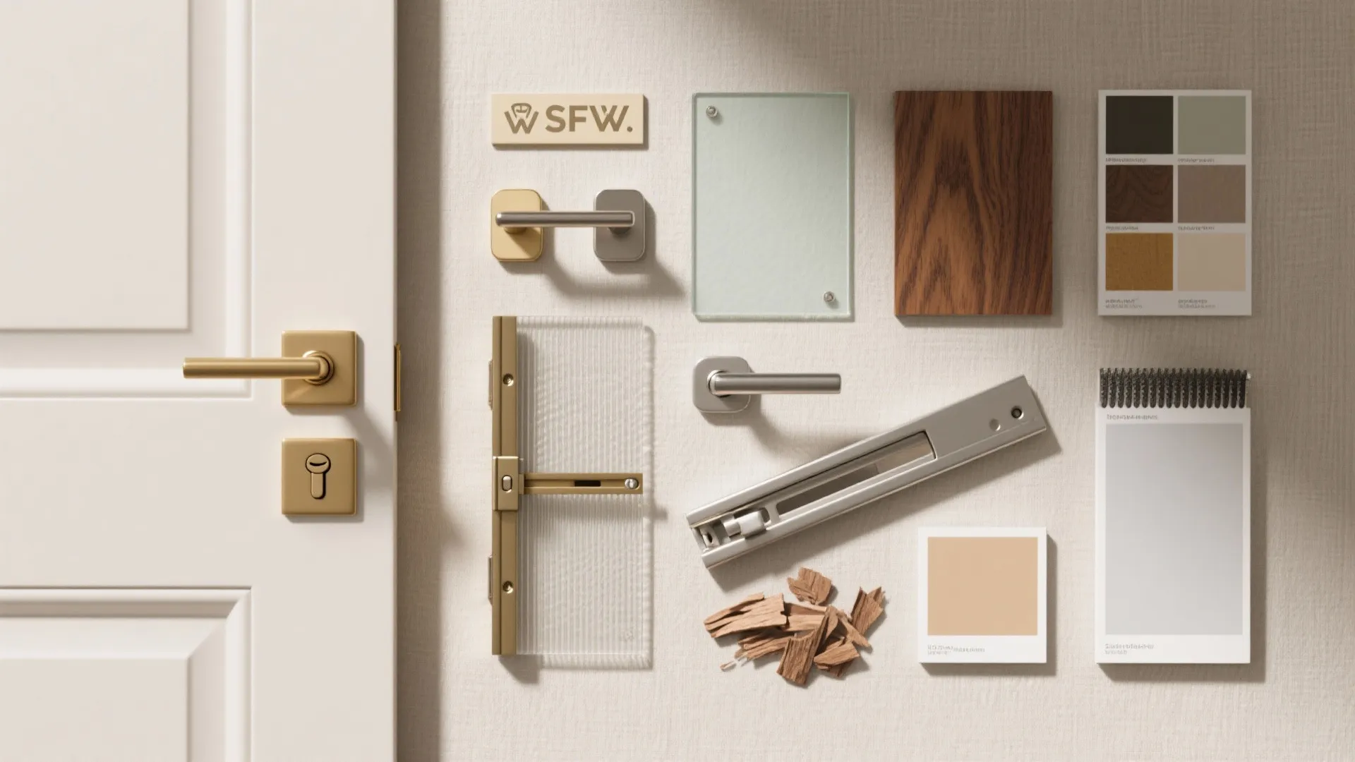 Flat lay of interior design materials including door handles wood samples color swatches and glass