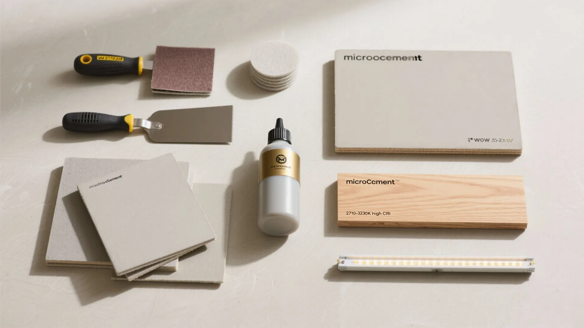 Flat lay of interior design materials including grey tiles wood samples bottle and wall scrapers