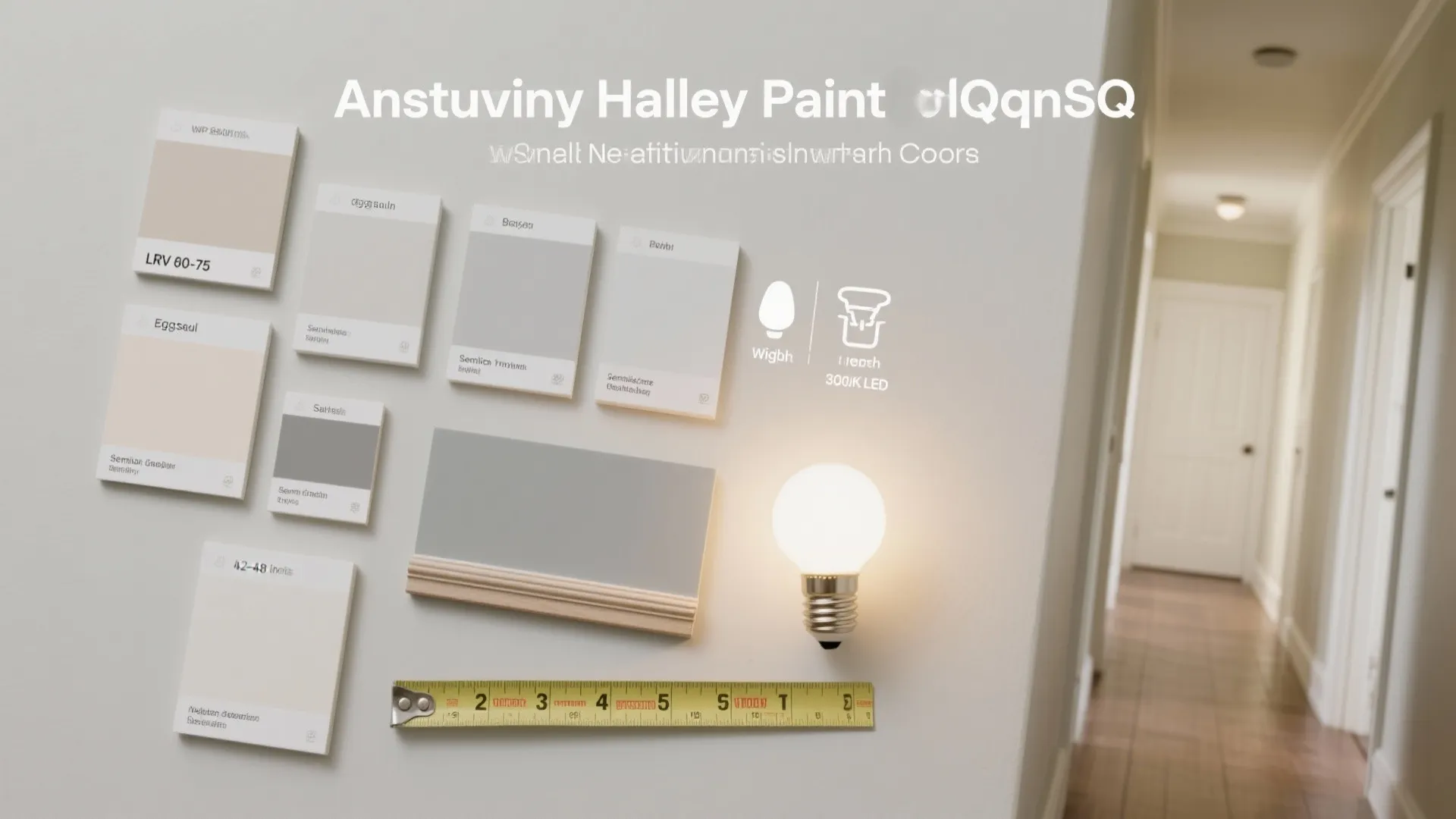Neutral paint color samples on wall with measuring tape and a glowing round light bulb