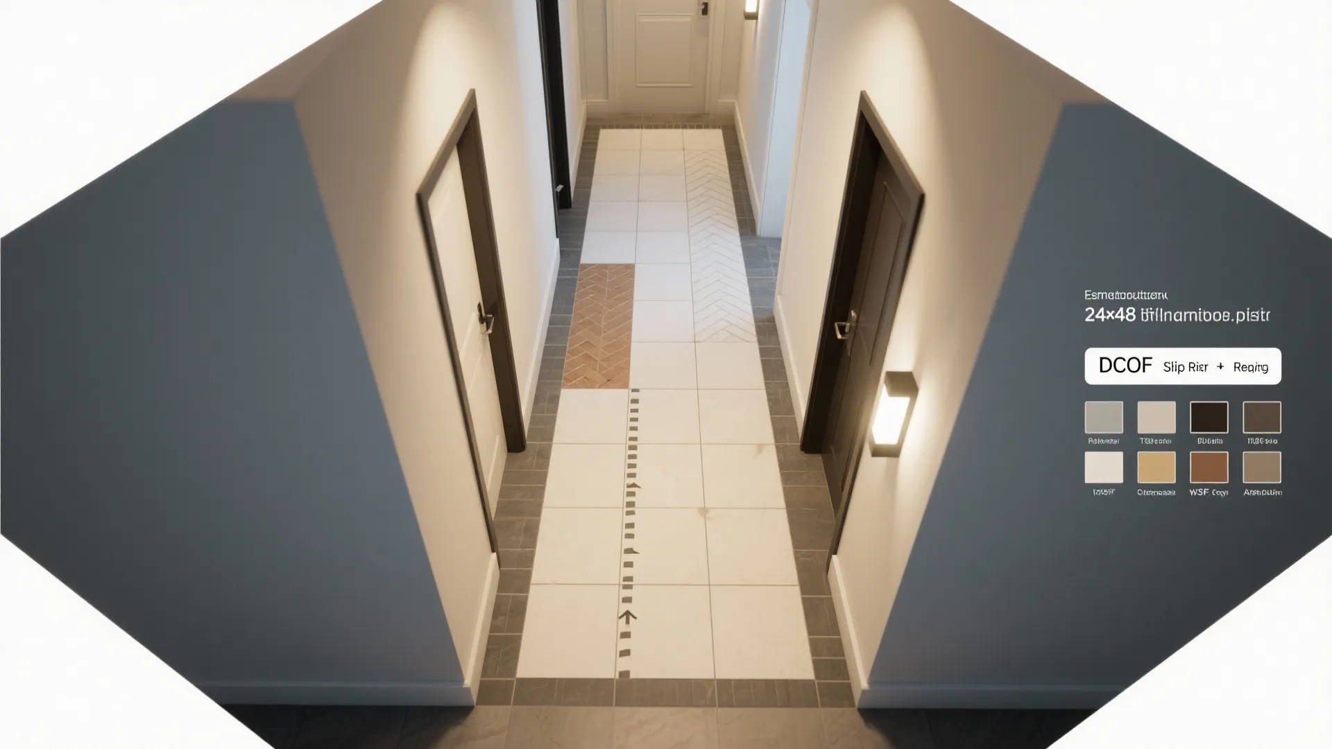 Interior design drawing of a long hallway with white floor tiles wall lights and color samples