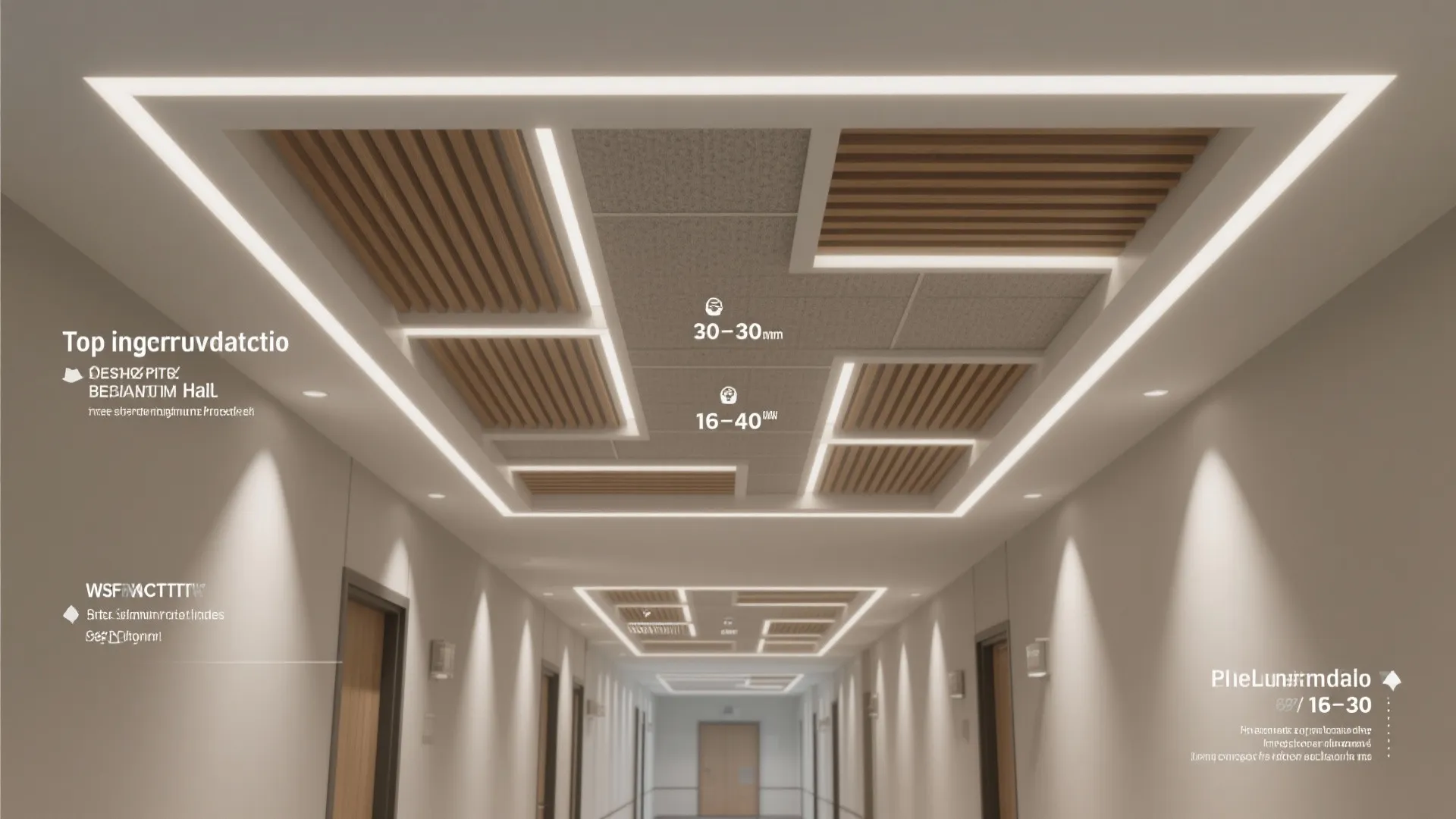 Modern long hallway with wooden ceiling panels integrated linear lights white walls and tiled floor