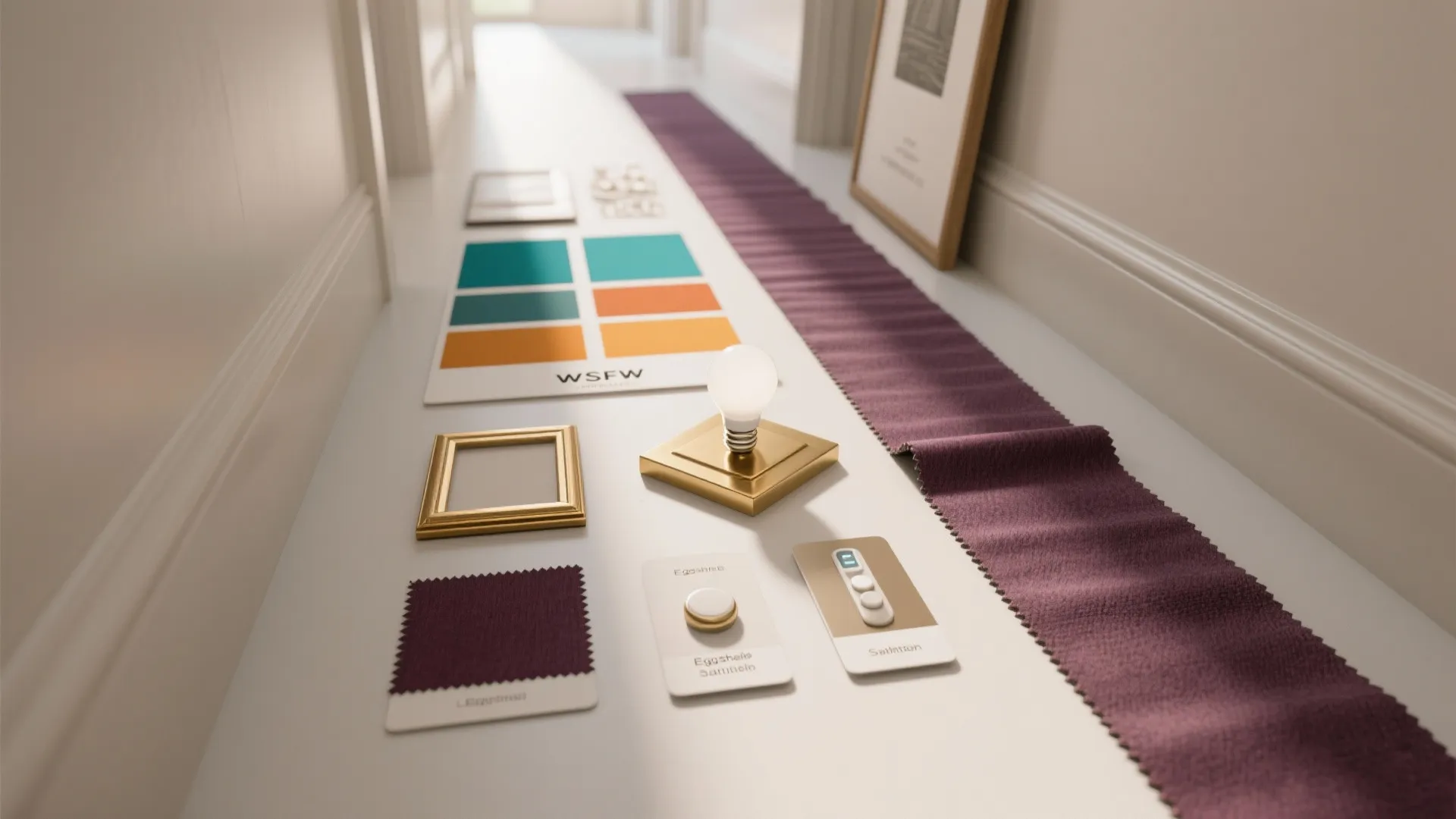 Top-down flatlay of paint chips, fabric swatch, brass frame sample, lighting components, and finish cards for hallway design.