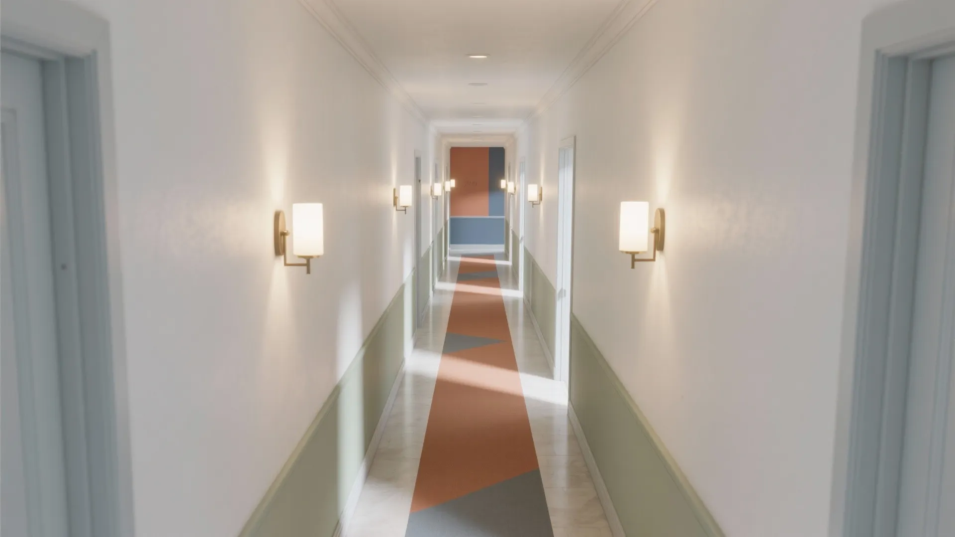 Long white hallway with wall lights green wall panel and a colorful orange floor runner