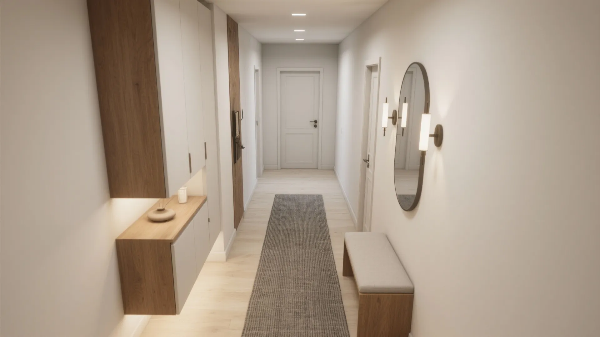 Modern hallway with white cabinets wood accents grey floor runner round mirror and wall lights