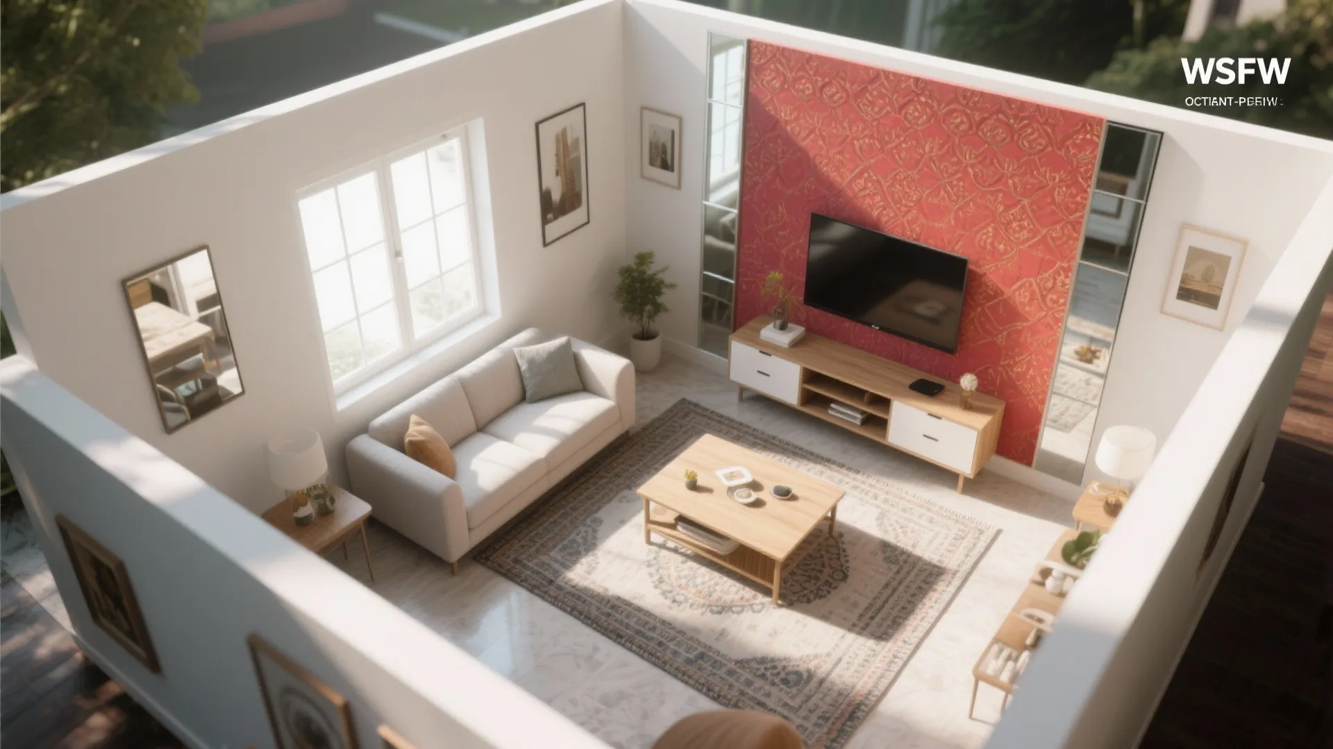 Top view interior design drawing of living room with red pattern wall sofa and wooden furniture