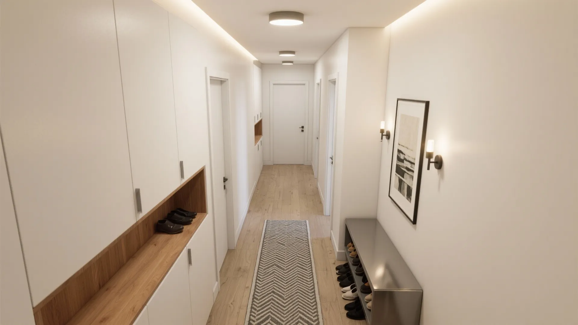 White cabinets with wood shoe storage grey rug and metal wall lights in bright hallway